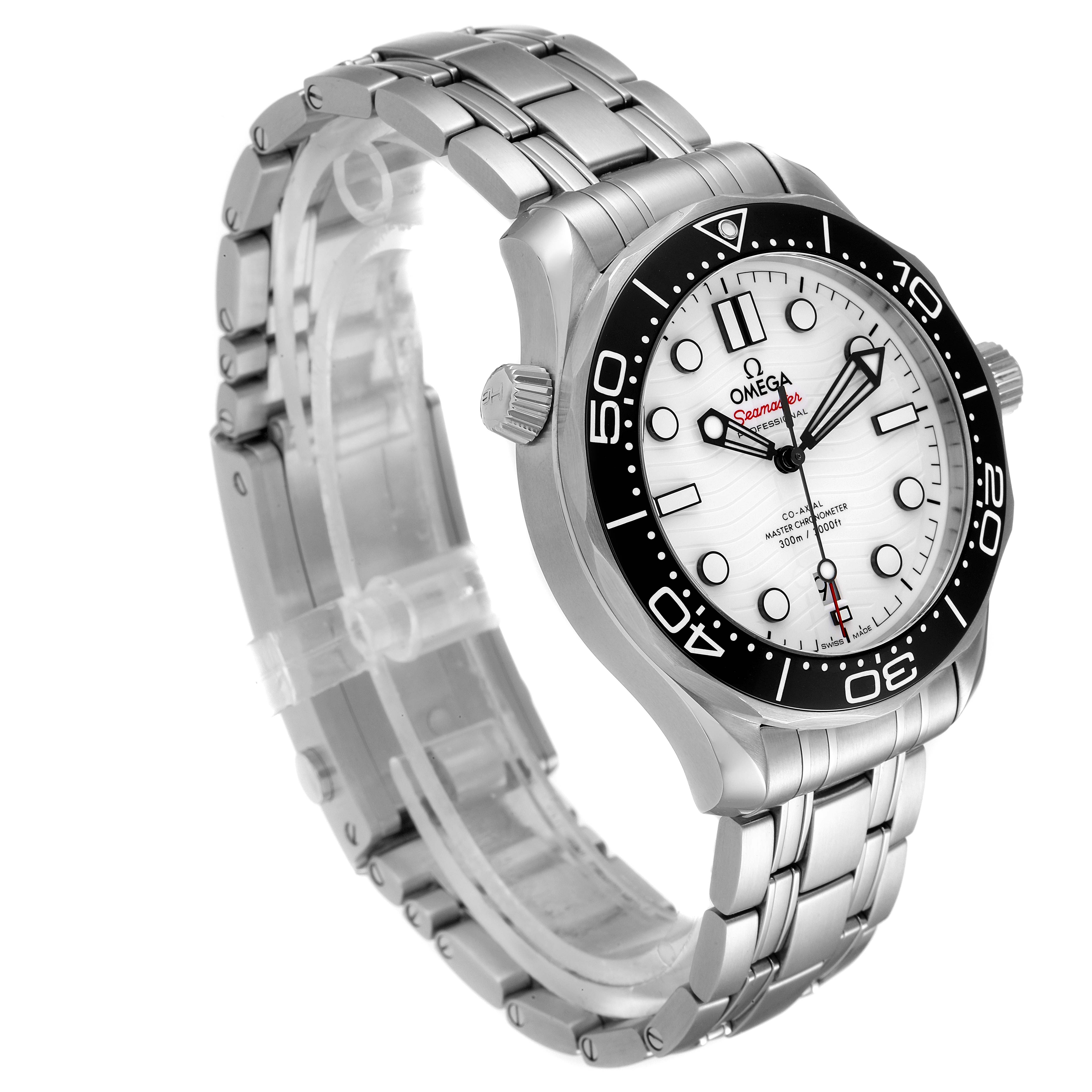 The image shows an Omega Seamaster 210.30.42.20.04.001 Men's Stainless Steel White Dial 210.30.42.20.04.001 Men's Stainless Steel White Dial watch at a three-quarter angle, displaying the face, bezel, crown, and stainless steel bracelet.