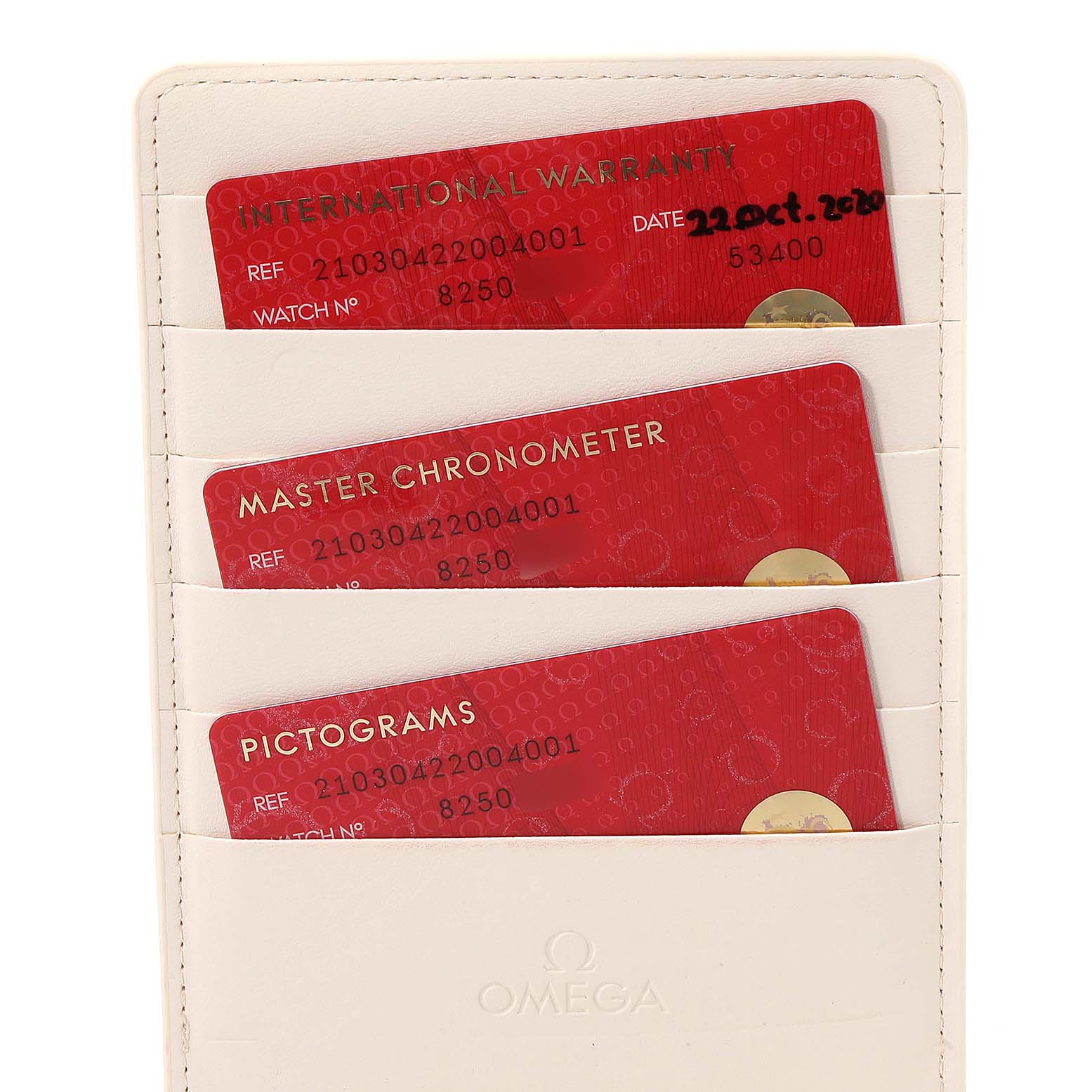 The image shows three certification cards for an Omega Seamaster 210.30.42.20.04.001 Men's Stainless Steel White Dial 210.30.42.20.04.001 Men's Stainless Steel White Dial watch in a white cardholder.