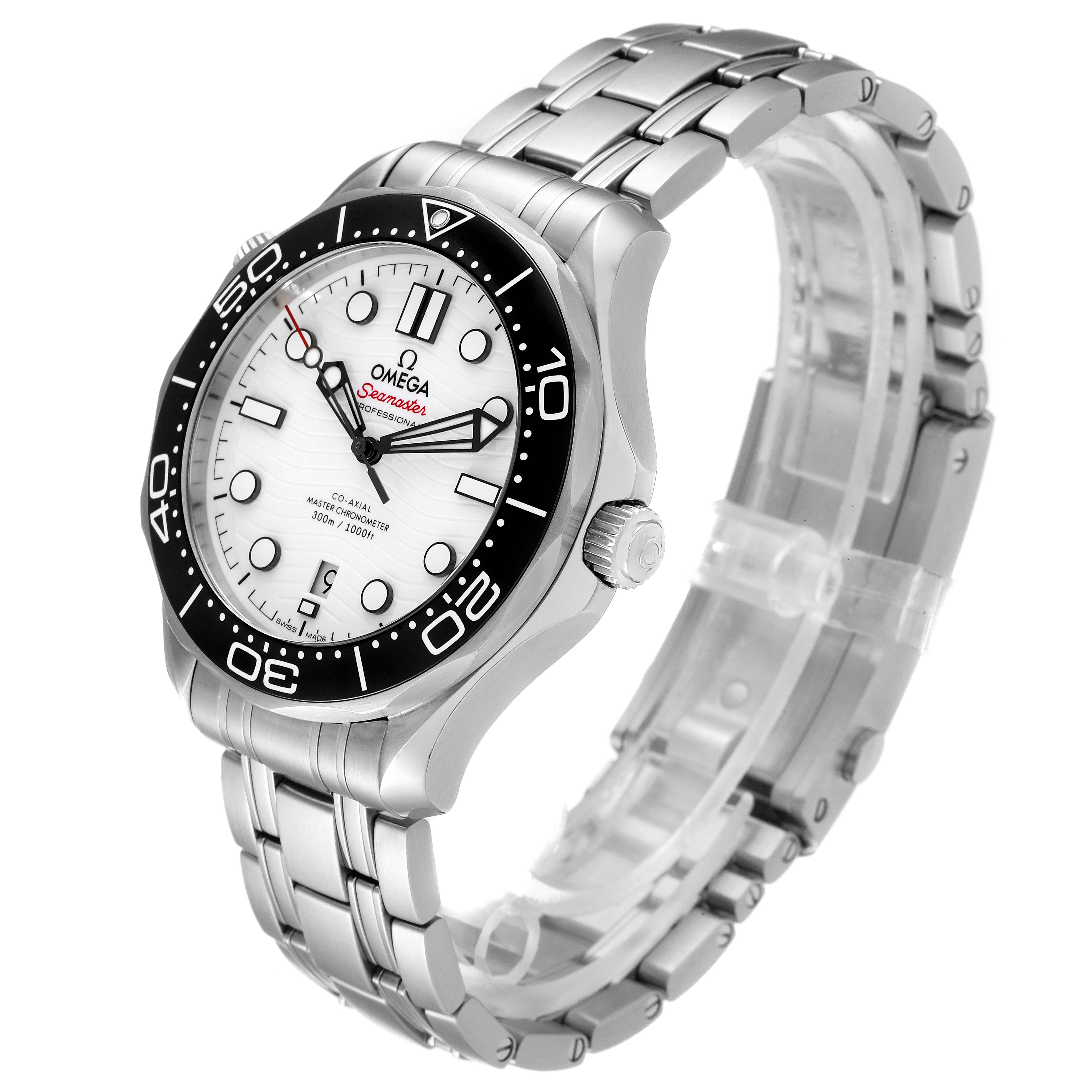 The image shows an angled view of an Omega Seamaster 210.30.42.20.04.001 Men's Stainless Steel White Dial 210.30.42.20.04.001 Men's Stainless Steel White Dial watch, highlighting the dial, bezel, crown, and stainless steel bracelet.
