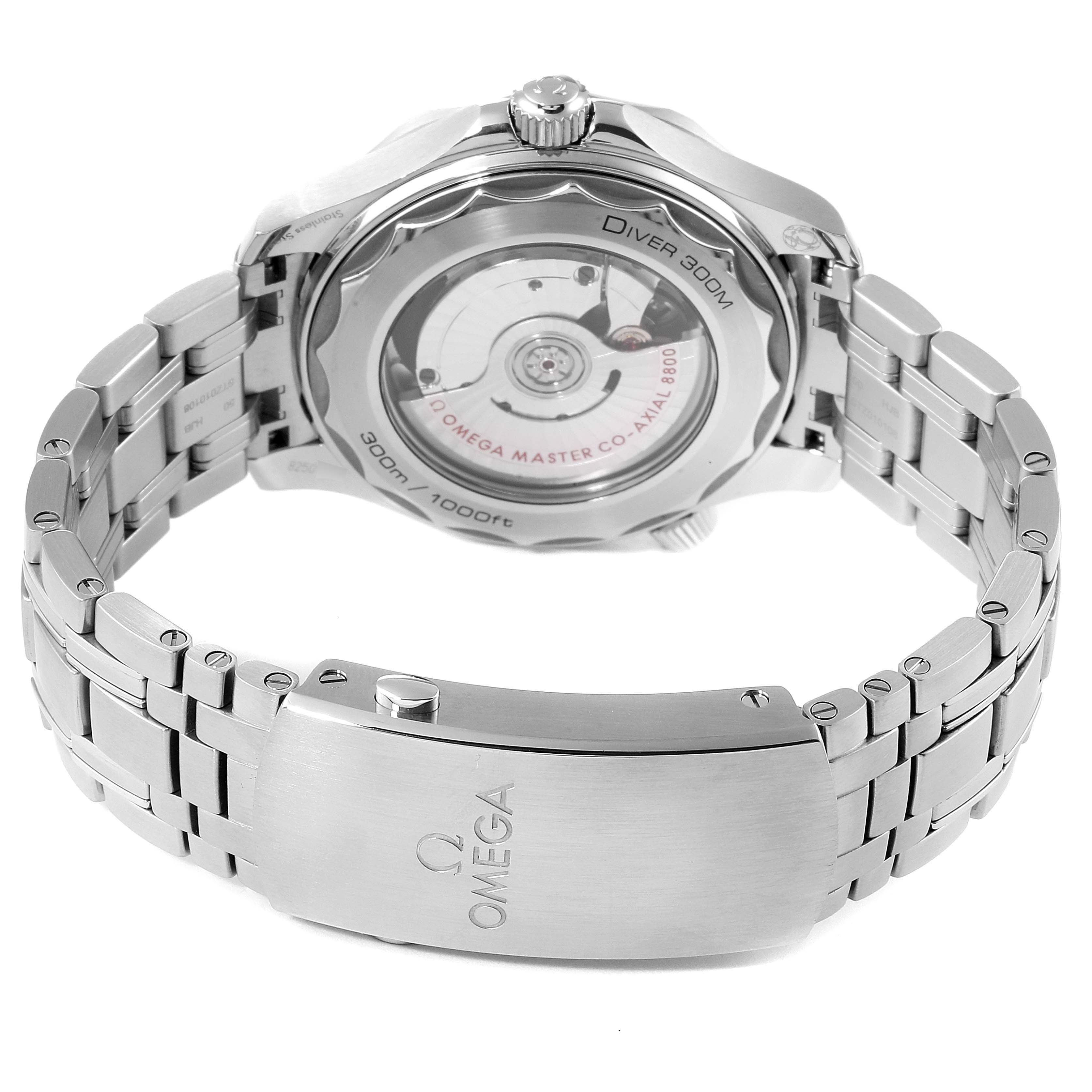 The image shows the back and bracelet of an Omega Seamaster 210.30.42.20.04.001 Men's Stainless Steel White Dial 210.30.42.20.04.001 Men's Stainless Steel White Dial watch, highlighting the clasp and exposed movement.
