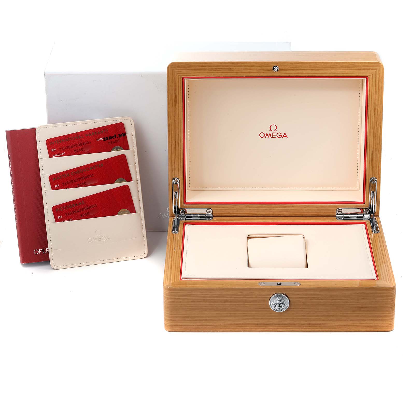 The image shows an open Omega Seamaster 210.30.42.20.04.001 Men's Stainless Steel White Dial 210.30.42.20.04.001 Men's Stainless Steel White Dial watch box along with warranty cards and an operation manual.