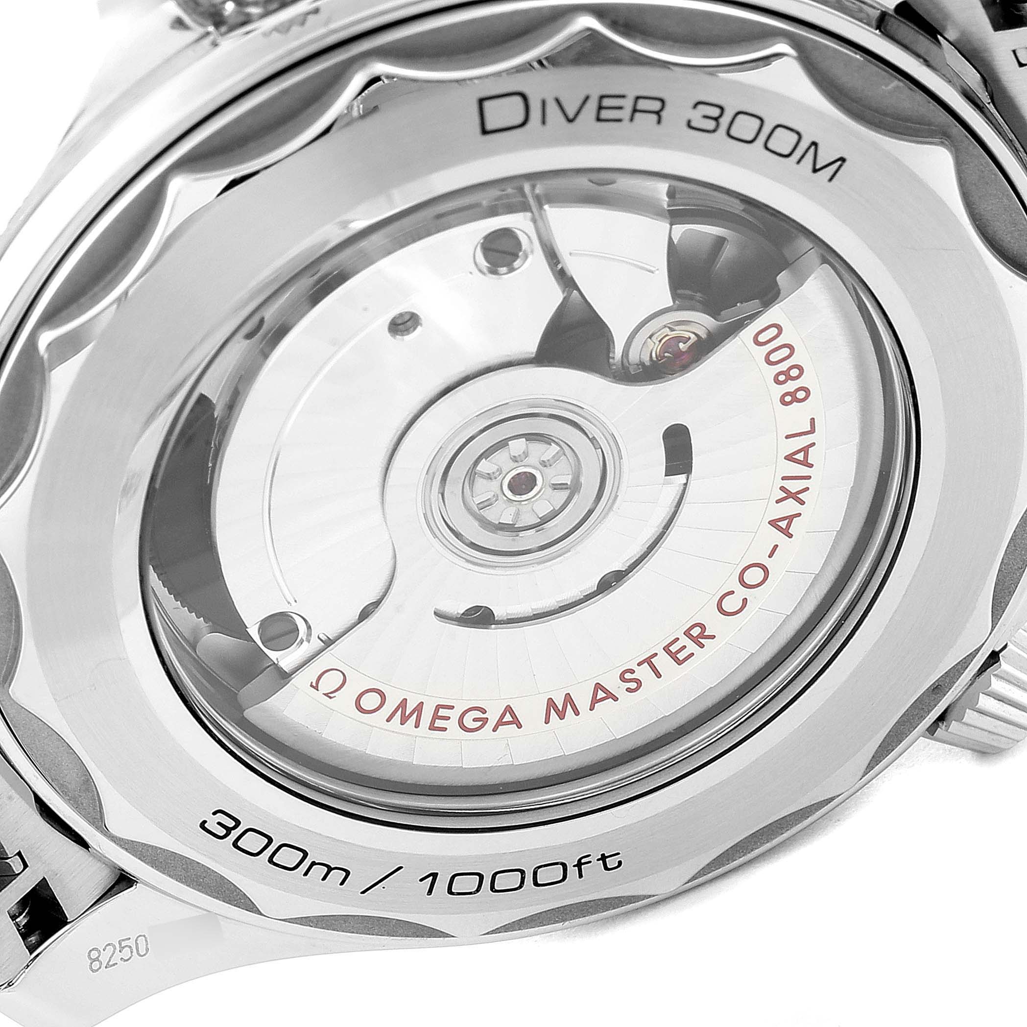 This image shows the back view of the Omega Seamaster 210.30.42.20.04.001 Men's Stainless Steel White Dial 210.30.42.20.04.001 Men's Stainless Steel White Dial watch, highlighting the movement mechanism.