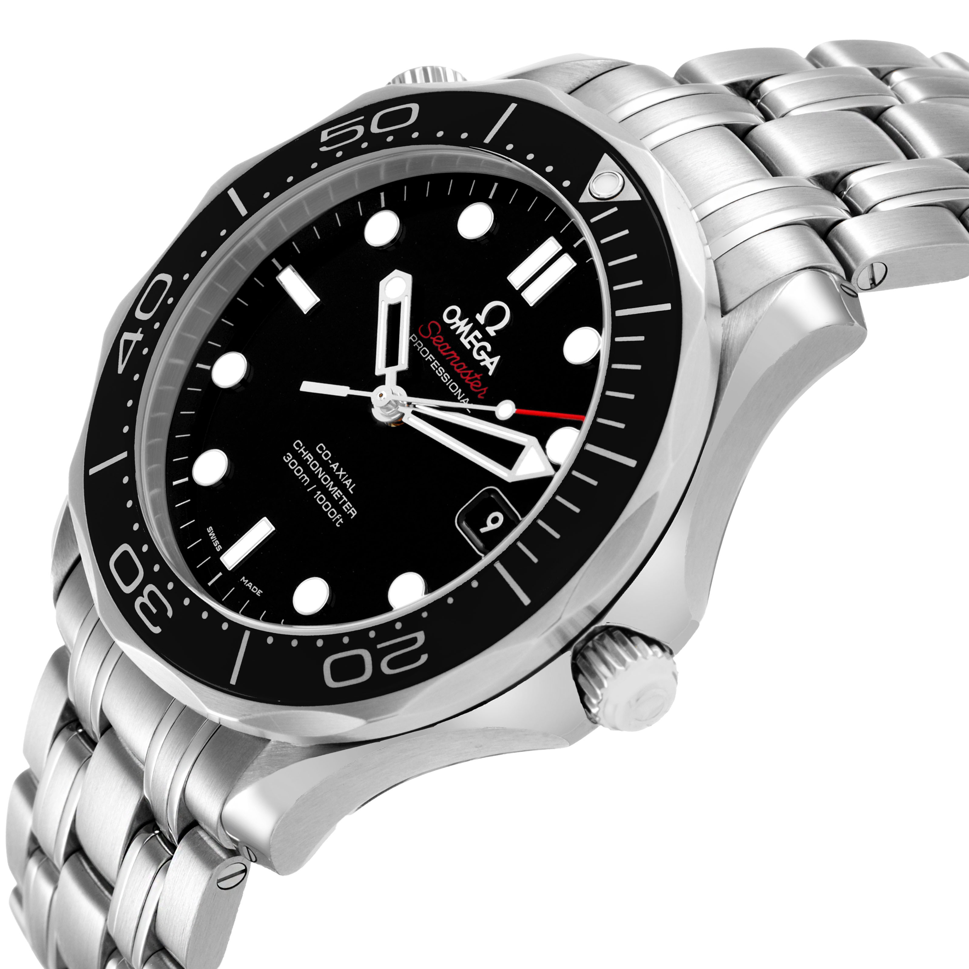 The Omega Seamaster 212.30.41.20.01.003 Men's Stainless Steel Black Dial watch is shown at an angle highlighting the dial, bezel, case, crown, and part of the bracelet.