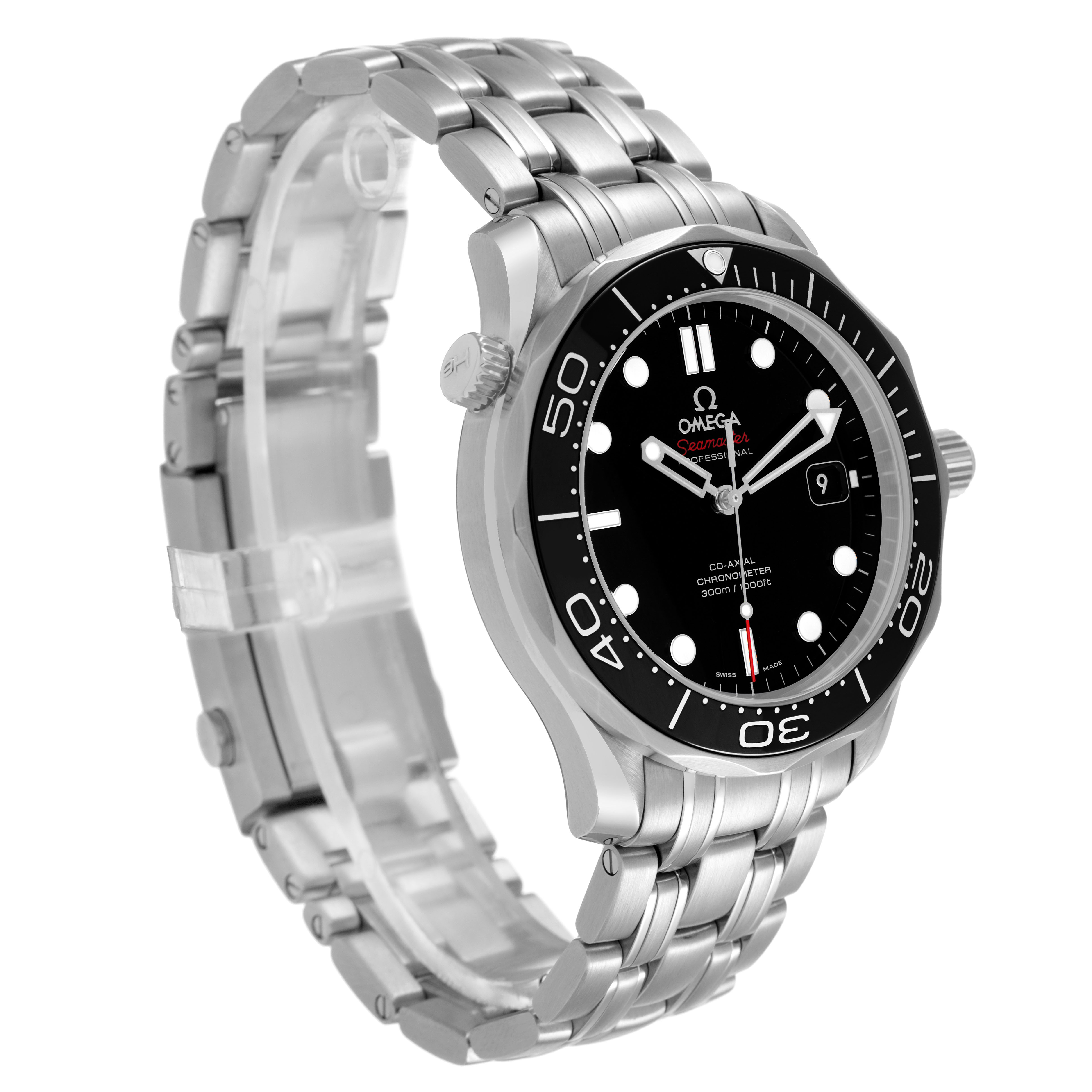 The Omega Seamaster 212.30.41.20.01.003 Men's Stainless Steel Black Dial watch is shown at a three-quarter angle displaying the face, bezel, crown, and stainless steel bracelet.