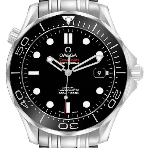 The Omega Seamaster 212.30.41.20.01.003 Men's Stainless Steel Black Dial watch is shown from a front angle, highlighting its black dial, bezel, and part of the stainless steel bracelet.