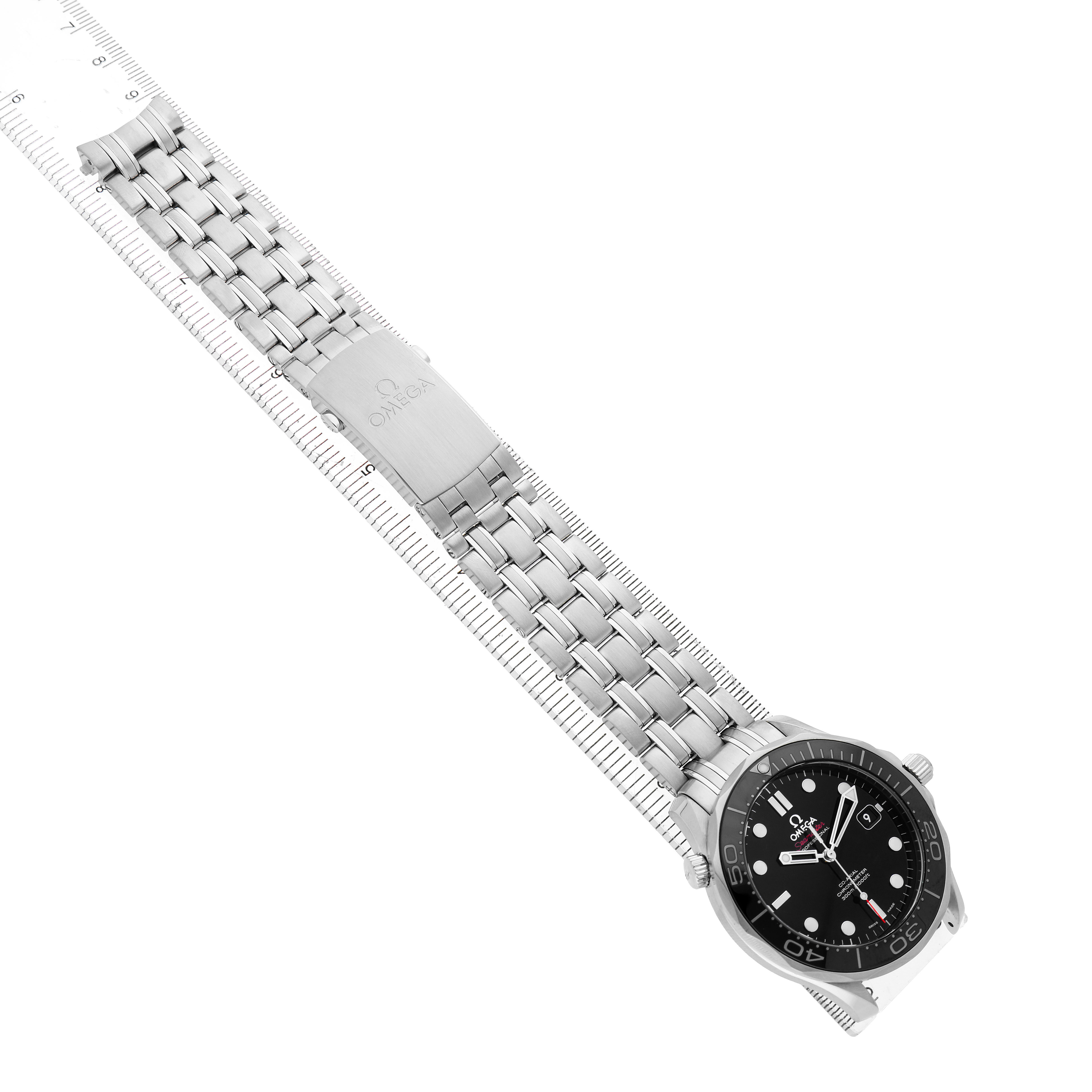 The Omega Seamaster 212.30.41.20.01.003 Men's Stainless Steel Black Dial watch is shown from a top angle, displaying the face, bezel, and full bracelet with clasp.