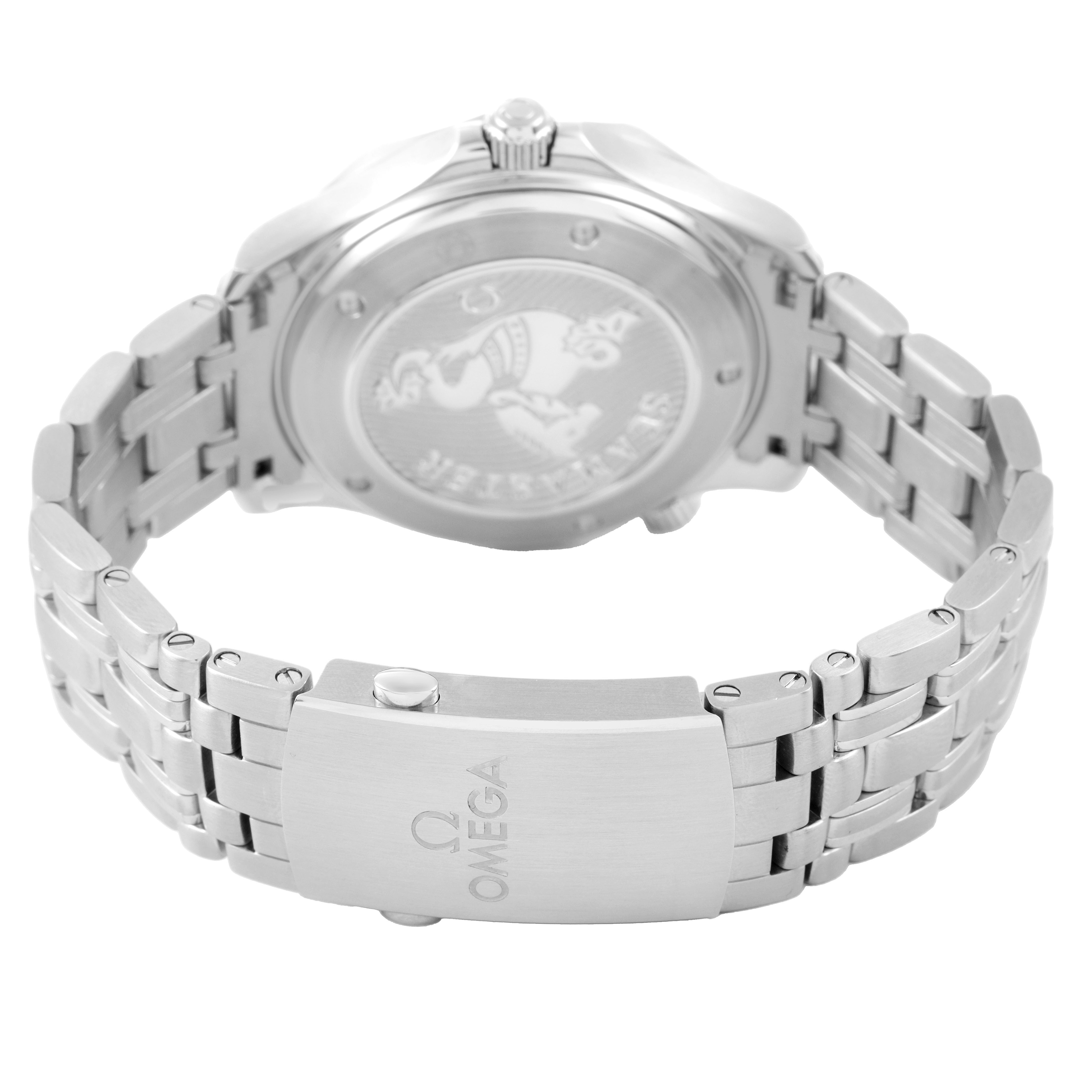 The image shows the back and bracelet of an Omega Seamaster 212.30.41.20.01.003 Men's Stainless Steel Black Dial watch, highlighting the clasp and case back.