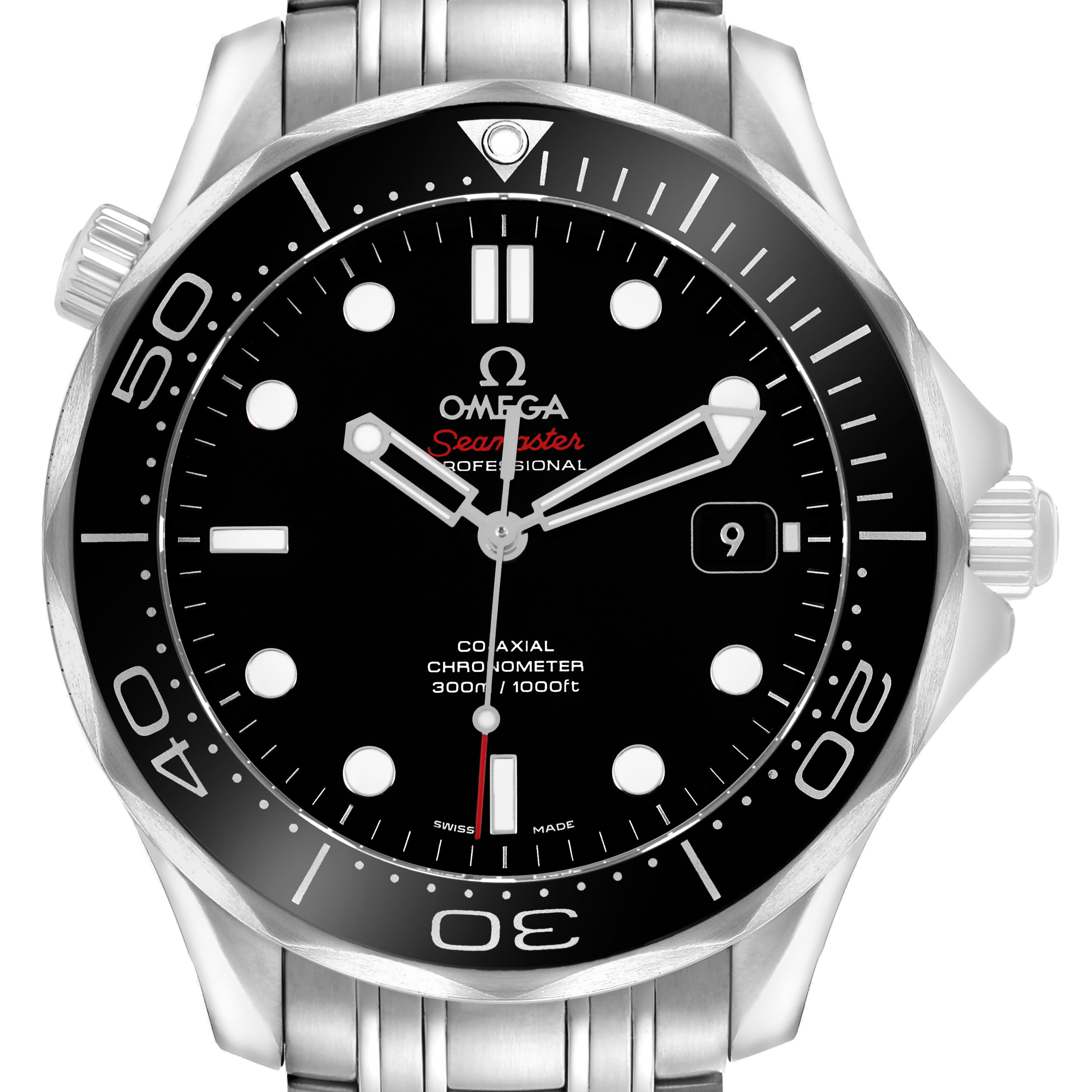 The Omega Seamaster 212.30.41.20.01.003 Men's Stainless Steel Black Dial watch is shown from the front, highlighting its dial, bezel, crown, and part of the bracelet.