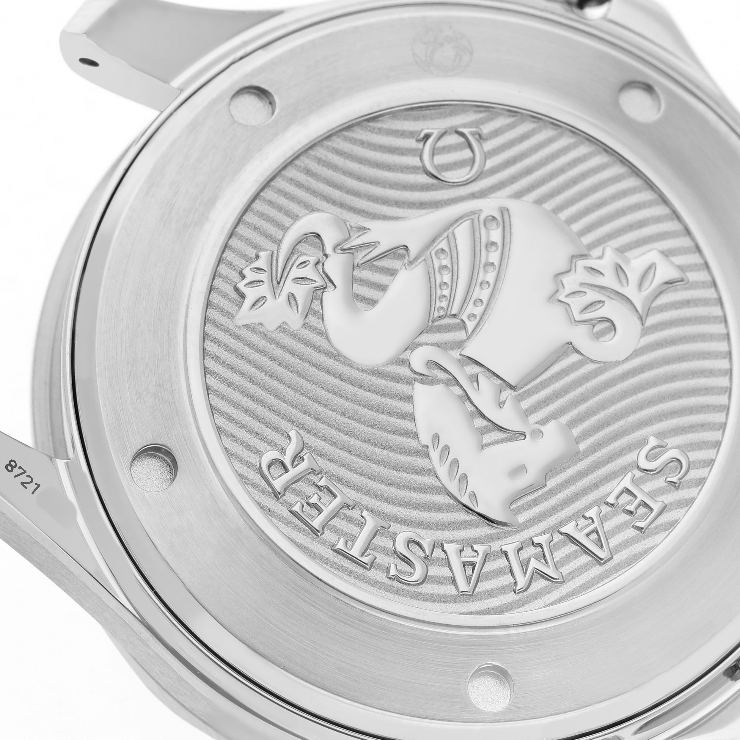 The image shows the back case of an Omega Seamaster 212.30.41.20.01.003 Men's Stainless Steel Black Dial watch, featuring engravings and design details.