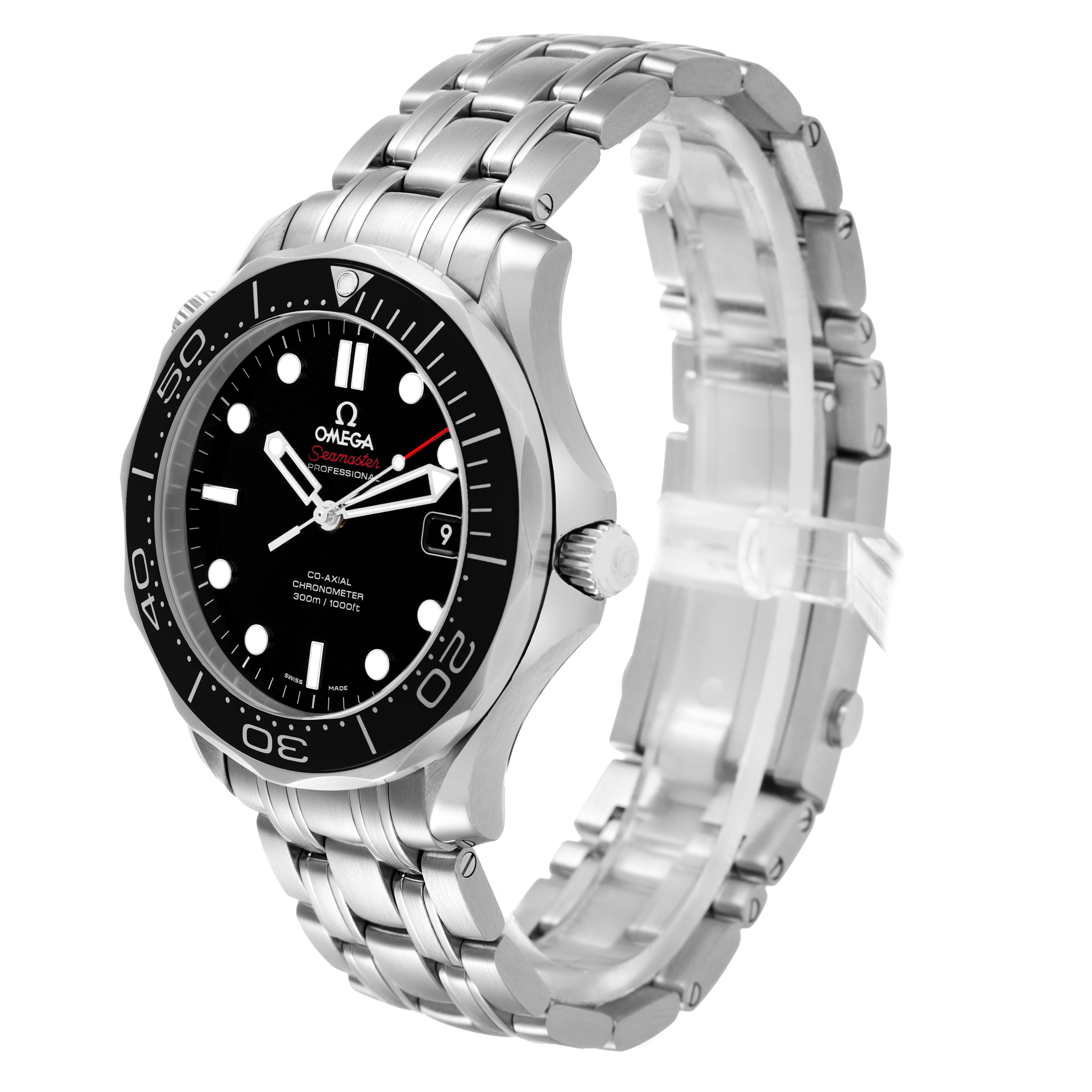 The Omega Seamaster 212.30.41.20.01.003 Men's Stainless Steel Black Dial watch is shown at an angled side view, displaying the face, bezel, crown, and stainless steel bracelet.