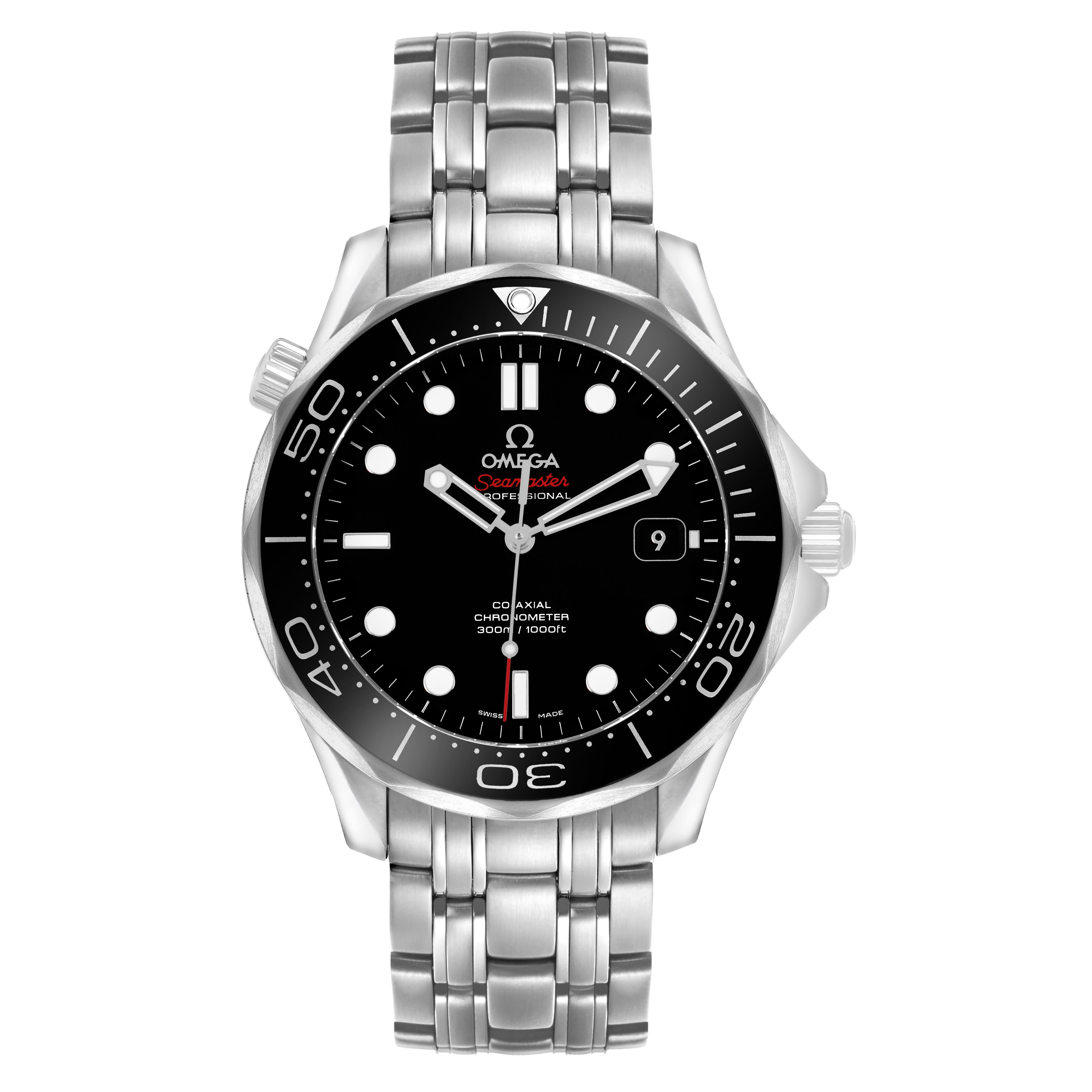 The Omega Seamaster 212.30.41.20.01.003 Men's Stainless Steel Black Dial watch is shown from the front, displaying its face, bezel, and metal bracelet.