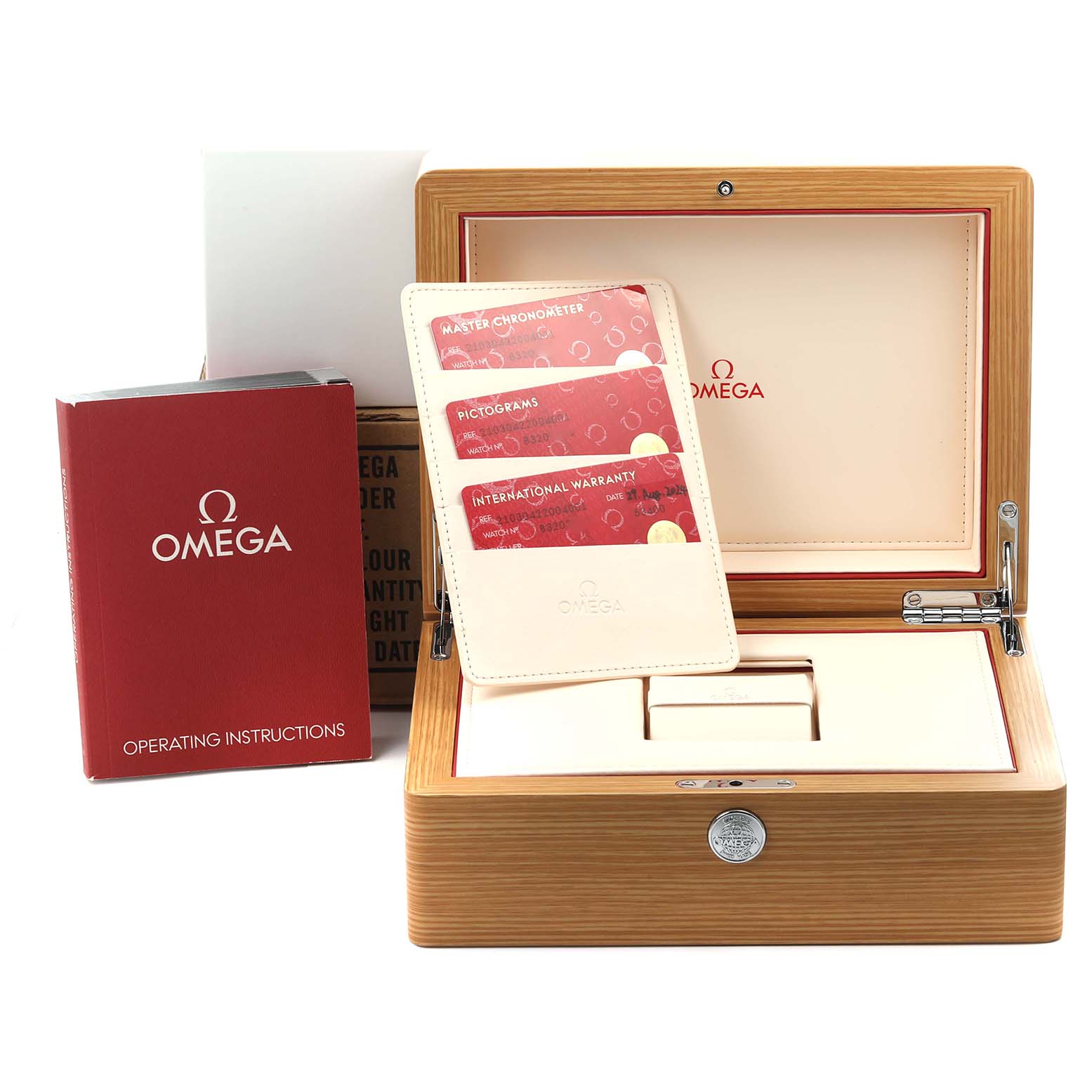 The Omega Seamaster 210.30.42.20.04.001 Men
s Stainless Steel White Dial 210.30.42.20.04.001 Men
s Stainless Steel White Dial model is shown with its box, operating instructions, and warranty cards.