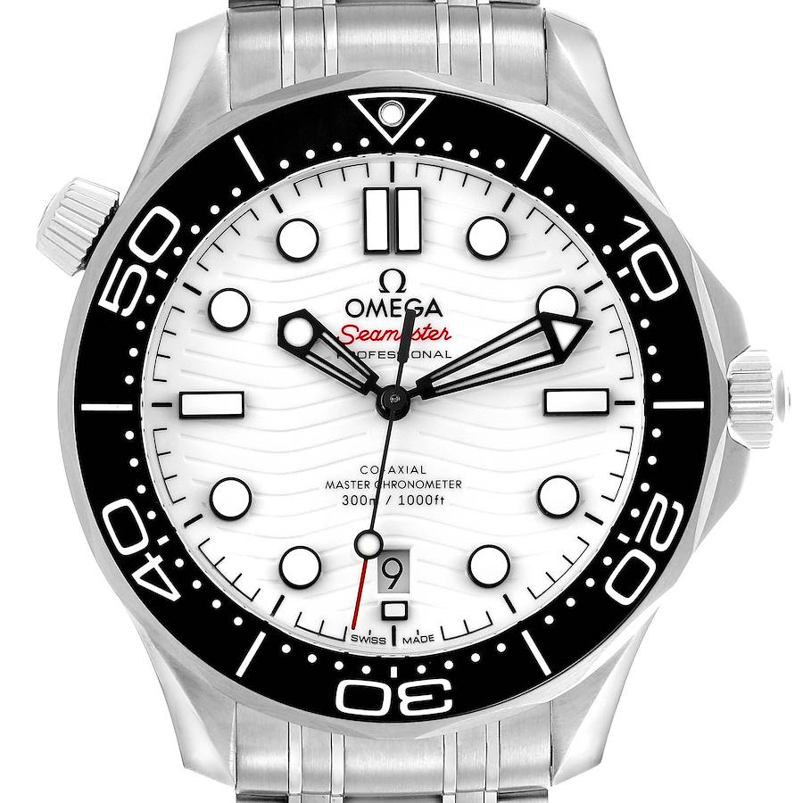 The Omega Seamaster watch is shown from a front angle, displaying its face, bezel, and part of the bracelet.