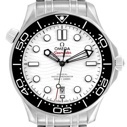 The Omega Seamaster watch is shown from the front, highlighting the dial, bezel, and crown.