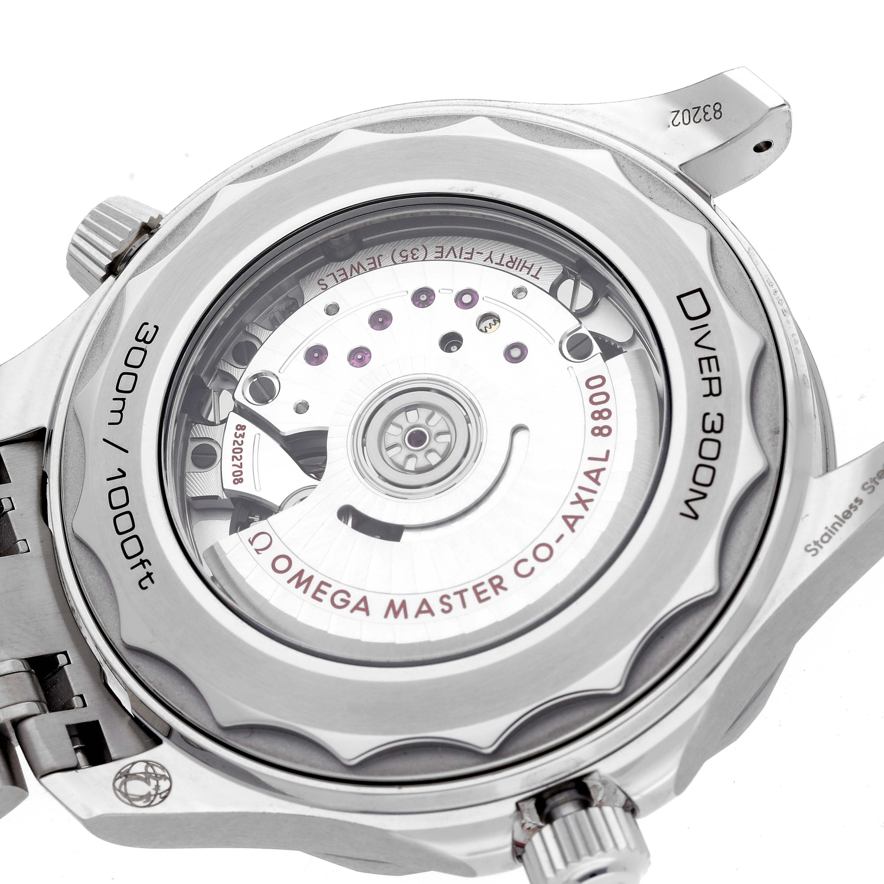 The image shows the back case of an Omega Seamaster 210.30.42.20.04.001 Men
s Stainless Steel White Dial 210.30.42.20.04.001 Men
s Stainless Steel White Dial, highlighting the Co-Axial 8800 movement through a transparent case back.