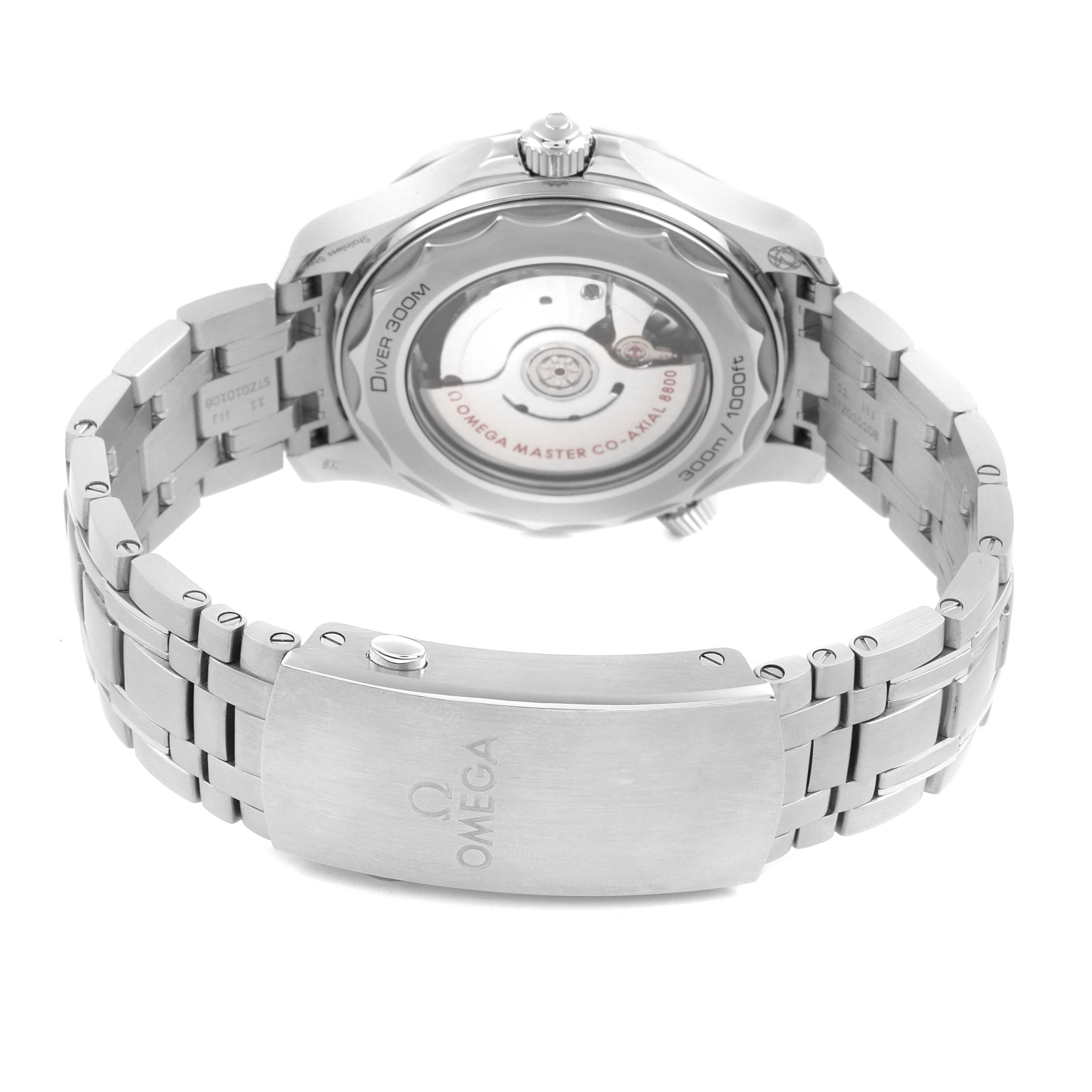 The Omega Seamaster 210.30.42.20.04.001 Men
s Stainless Steel White Dial 210.30.42.20.04.001 Men
s Stainless Steel White Dial watch is shown from the back, highlighting the exhibition case back and the stainless steel bracelet clasp.