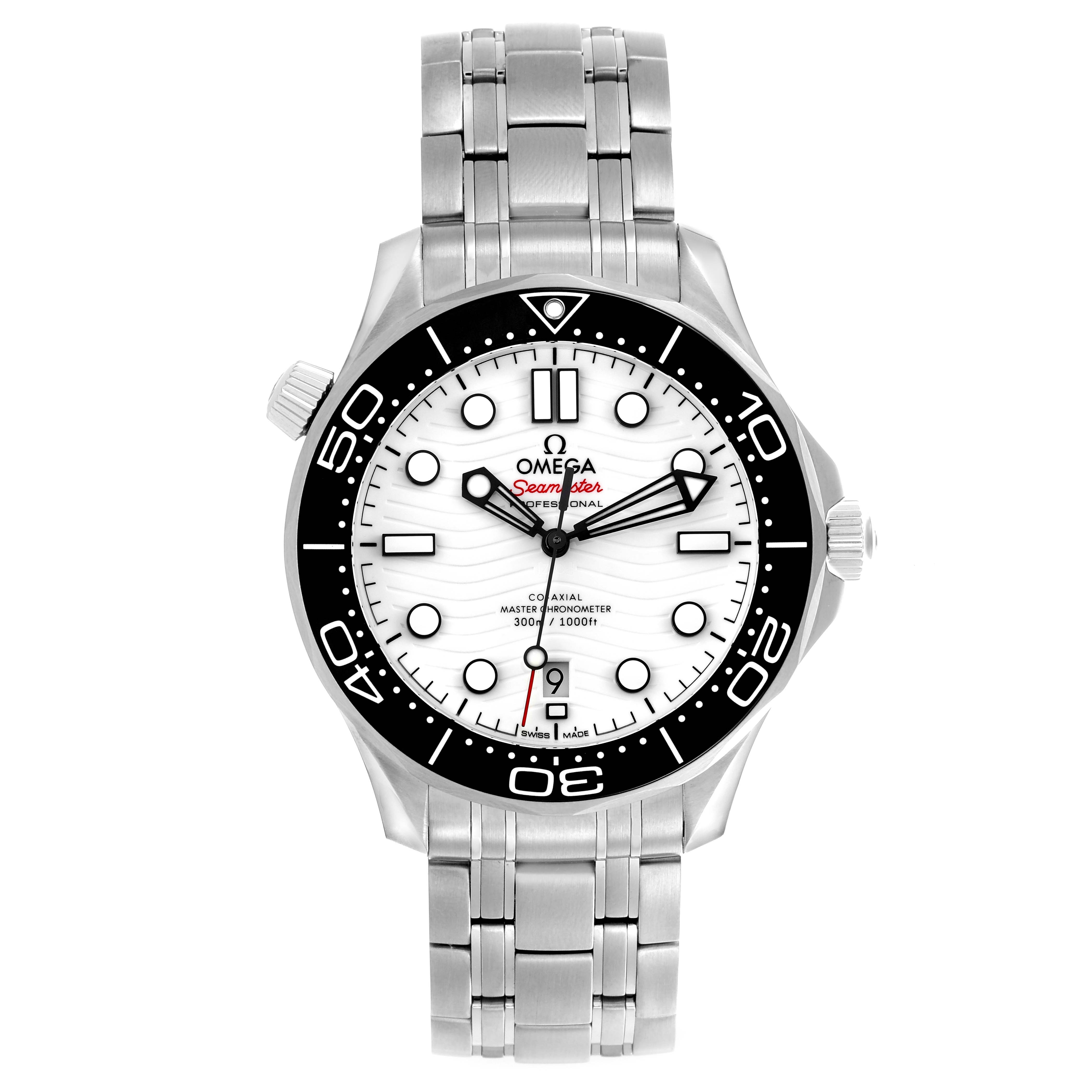 The image shows a front view of the Omega Seamaster 210.30.42.20.04.001 Men
s Stainless Steel White Dial 210.30.42.20.04.001 Men
s Stainless Steel White Dial watch, displaying its dial, bezel, and stainless steel bracelet.