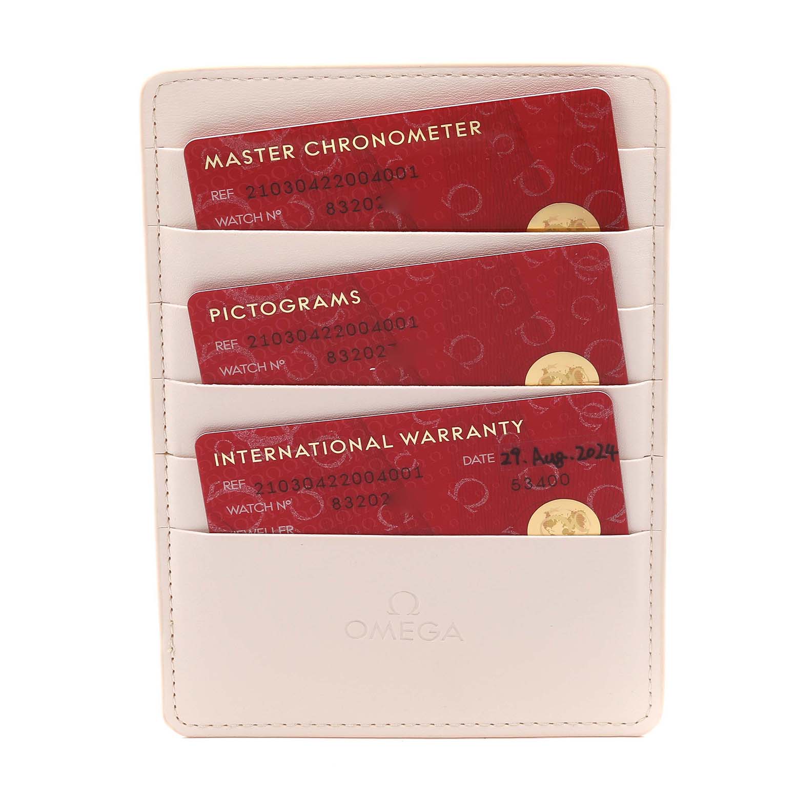 The image shows warranty and pictogram cards in a holder for the Omega Seamaster 210.30.42.20.04.001 Men
s Stainless Steel White Dial 210.30.42.20.04.001 Men
s Stainless Steel White Dial watch.