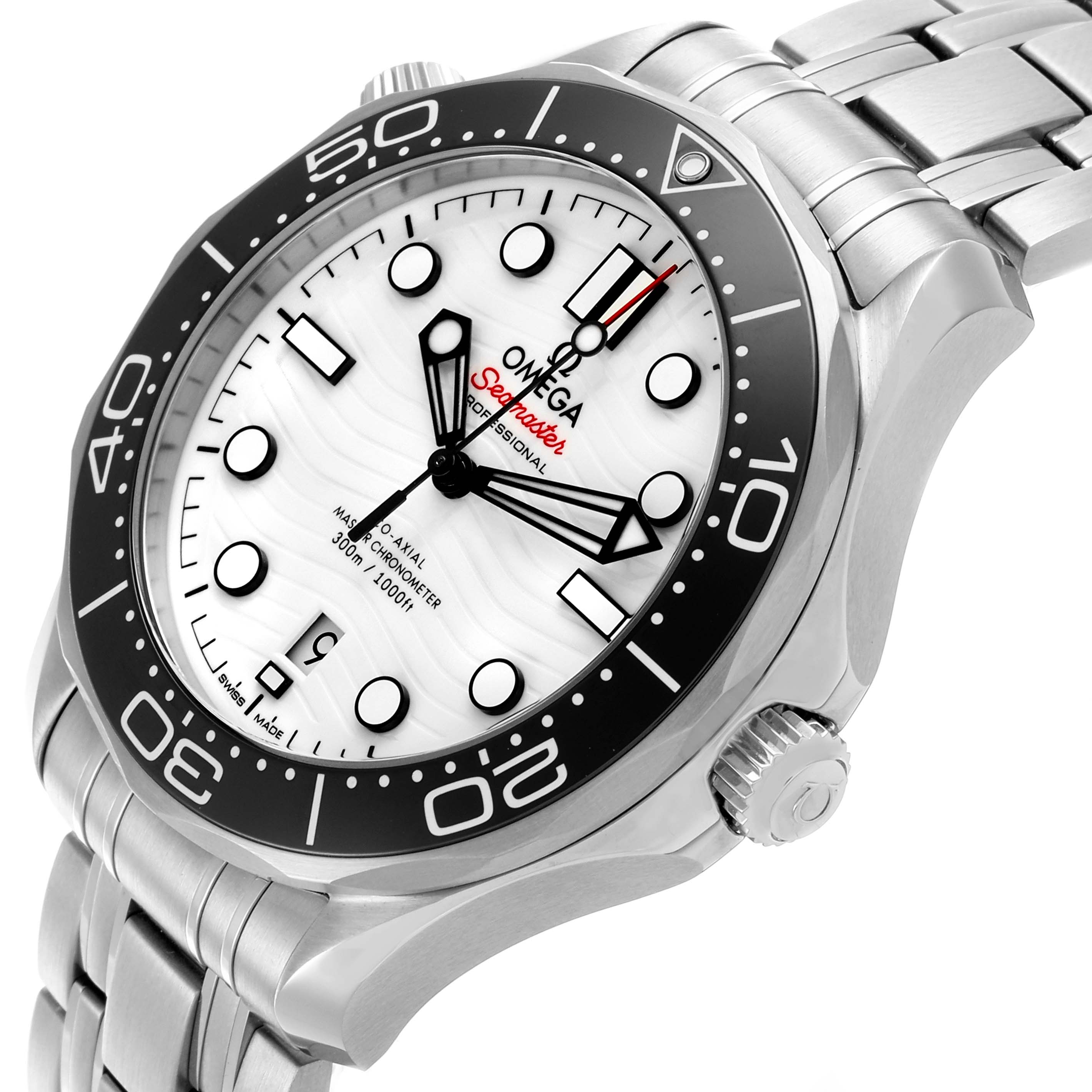 The Omega Seamaster 210.30.42.20.04.001 Men
s Stainless Steel White Dial 210.30.42.20.04.001 Men
s Stainless Steel White Dial watch is shown at an angled view, displaying its face, bezel, crown, and part of the bracelet.