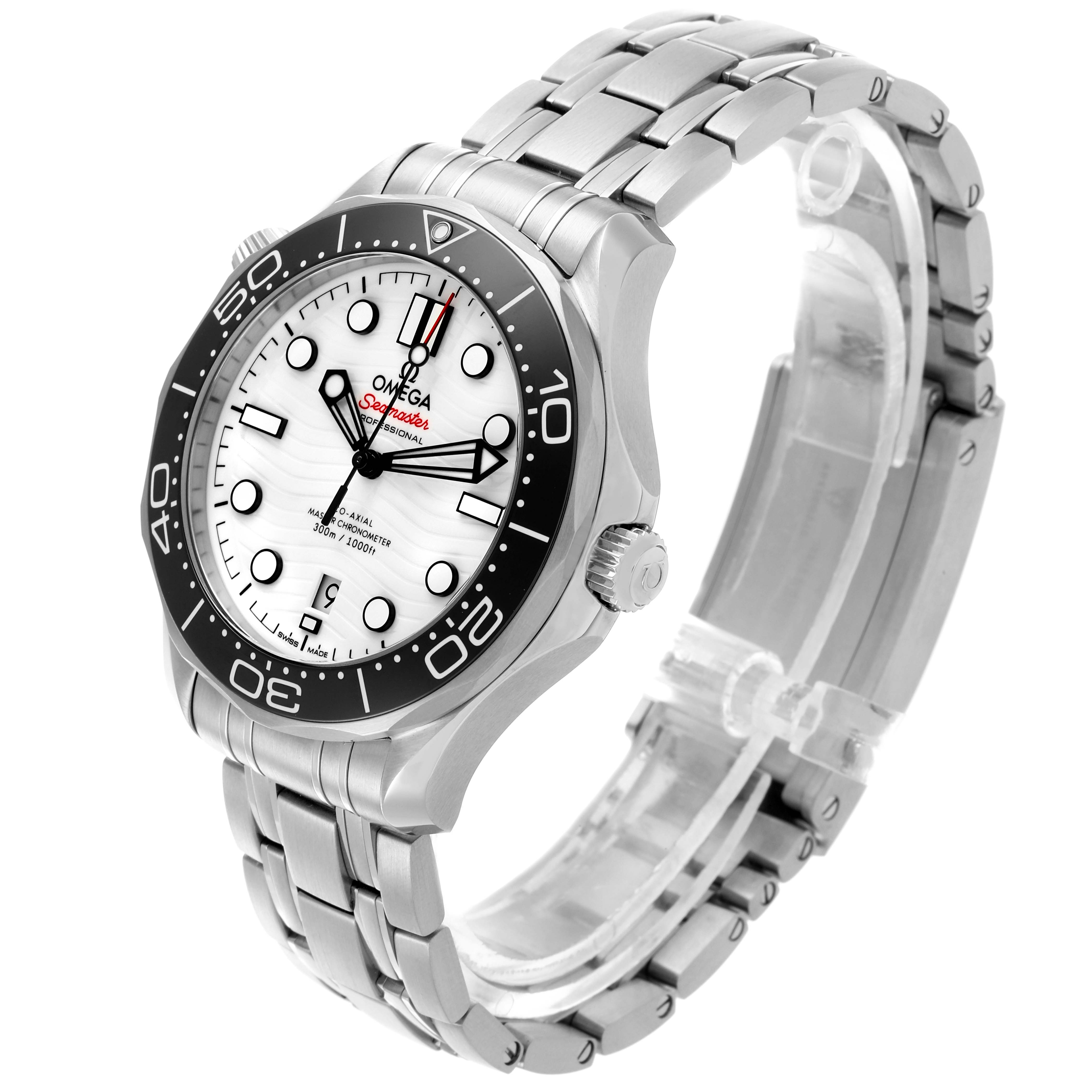 The Omega Seamaster 210.30.42.20.04.001 Men
s Stainless Steel White Dial 210.30.42.20.04.001 Men
s Stainless Steel White Dial watch is shown at a three-quarter angle, highlighting the bezel, dial, bracelet, and crown.