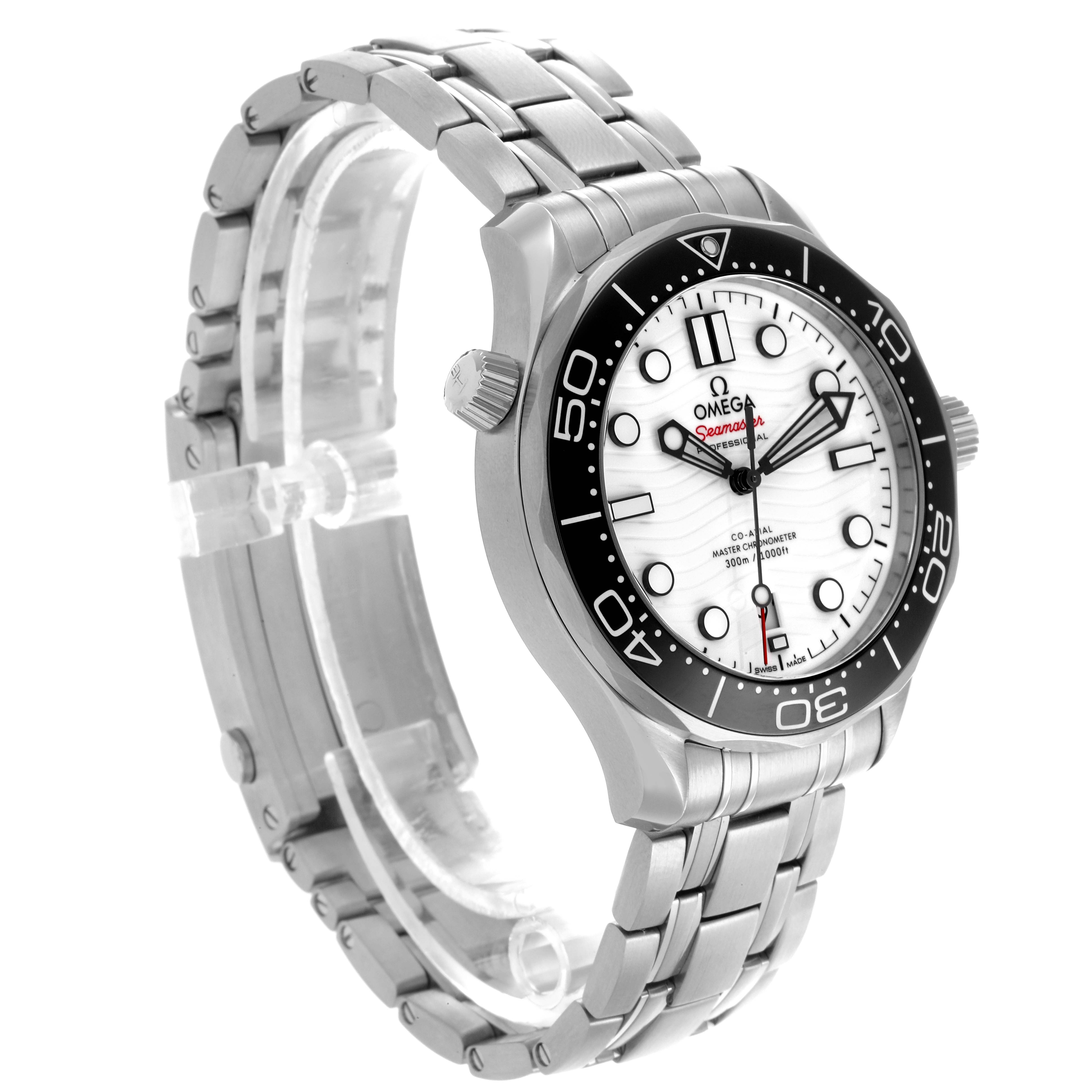 The image shows an Omega Seamaster 210.30.42.20.04.001 Men
s Stainless Steel White Dial 210.30.42.20.04.001 Men
s Stainless Steel White Dial from a three-quarter angle, highlighting the bezel, dial, and bracelet.