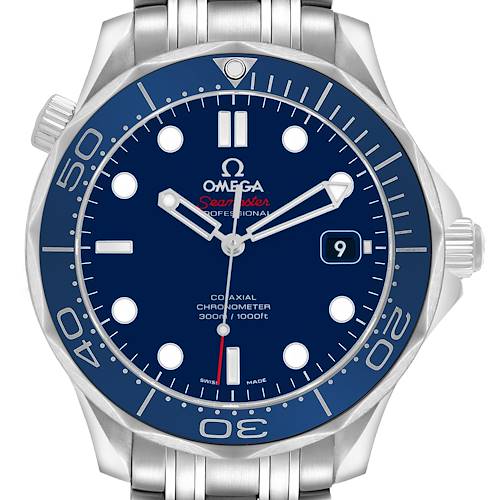 The Omega Seamaster 212.30.41.20.03.001 Men's Stainless Steel Blue Dial watch is shown from the front, displaying the blue dial, bezel, hour markers, hands, and bracelet.