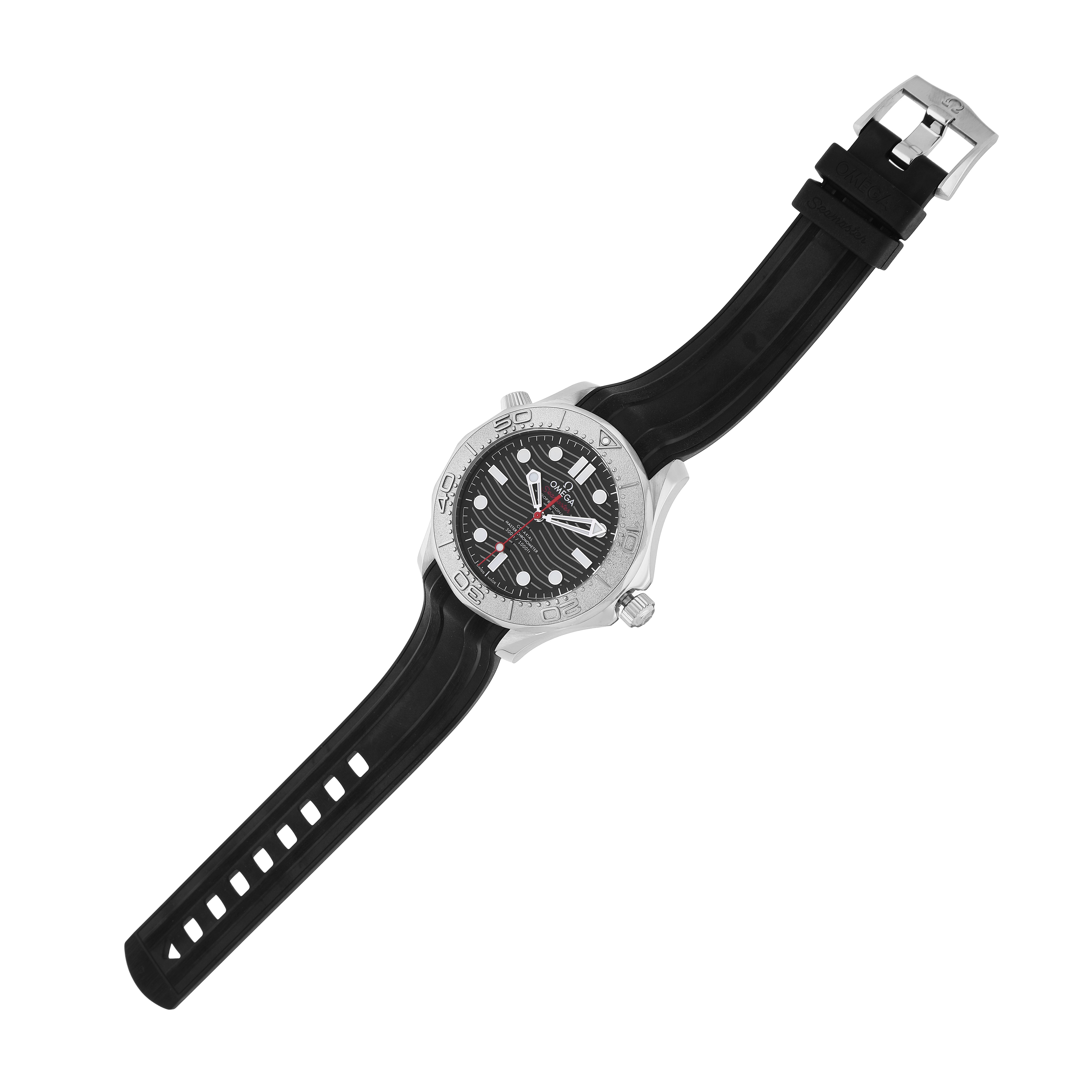 The Omega Seamaster 210.32.42.20.01.002 Men's Stainless Steel Black Dial watch is shown at a slight diagonal, displaying its face, bezel, and black rubber strap.