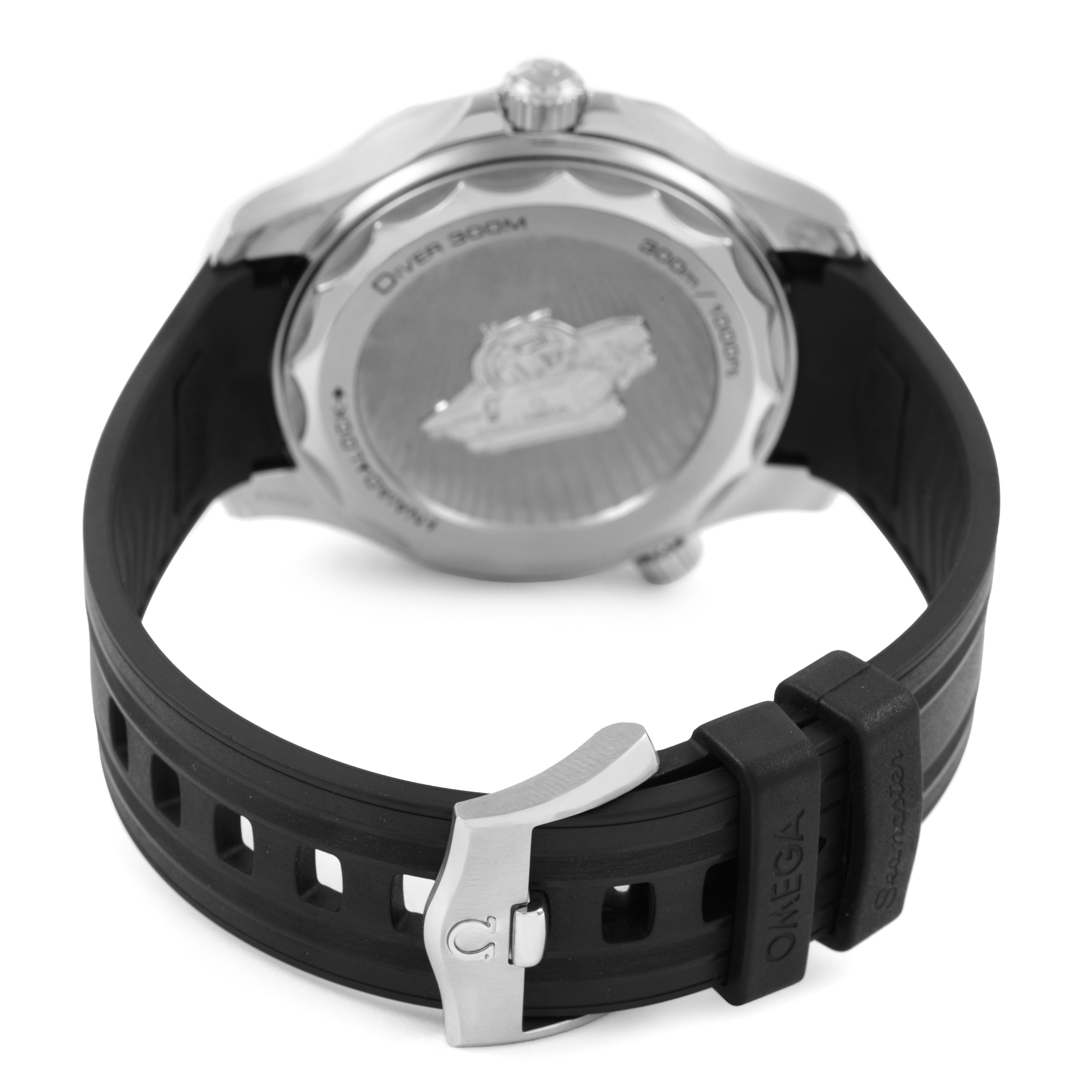 The Omega Seamaster 210.32.42.20.01.002 Men's Stainless Steel Black Dial watch is shown from the back, highlighting the case back, crown, and black rubber strap with clasp.