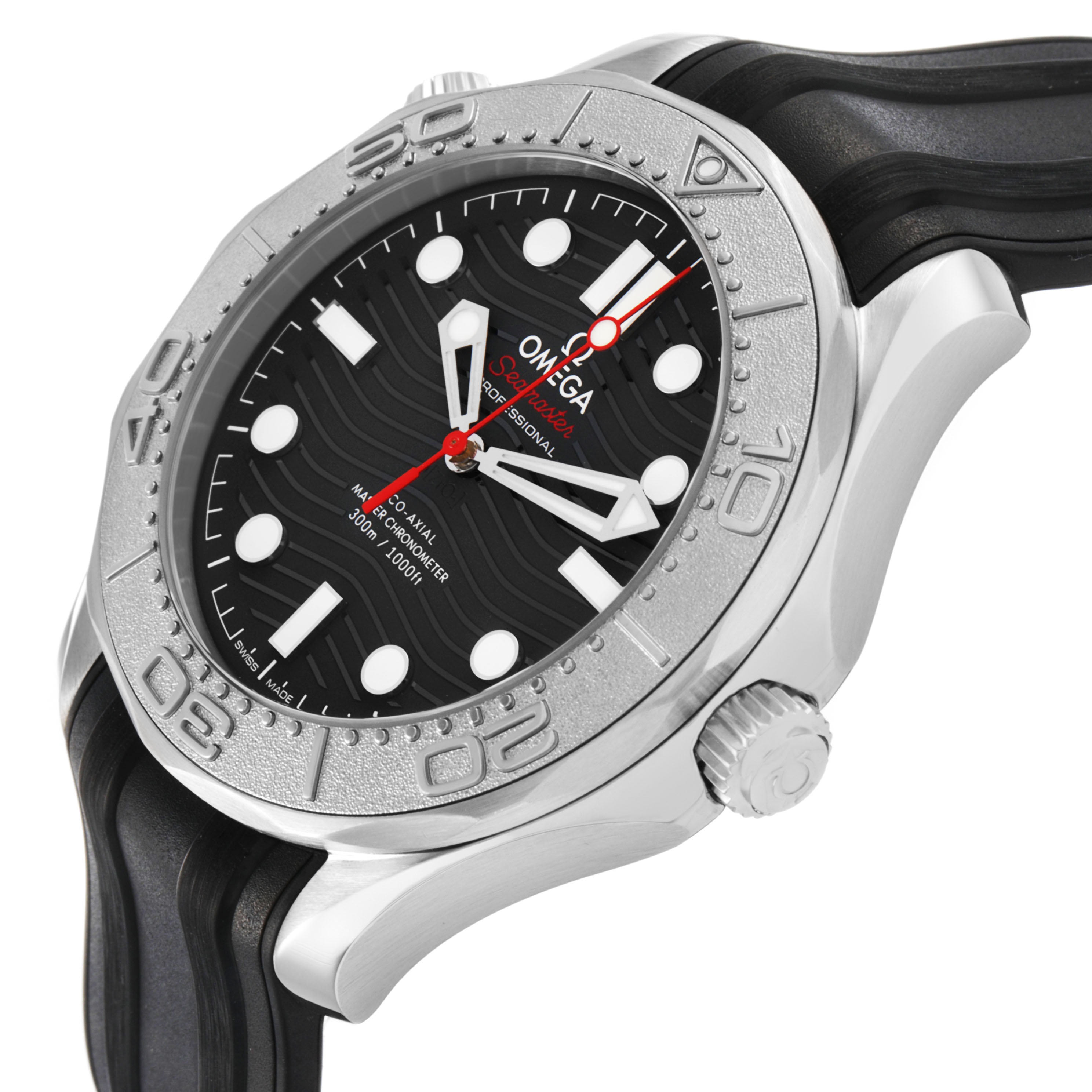 The Omega Seamaster 210.32.42.20.01.002 Men's Stainless Steel Black Dial watch is shown at an angled view, highlighting the bezel, dial, and crown.
