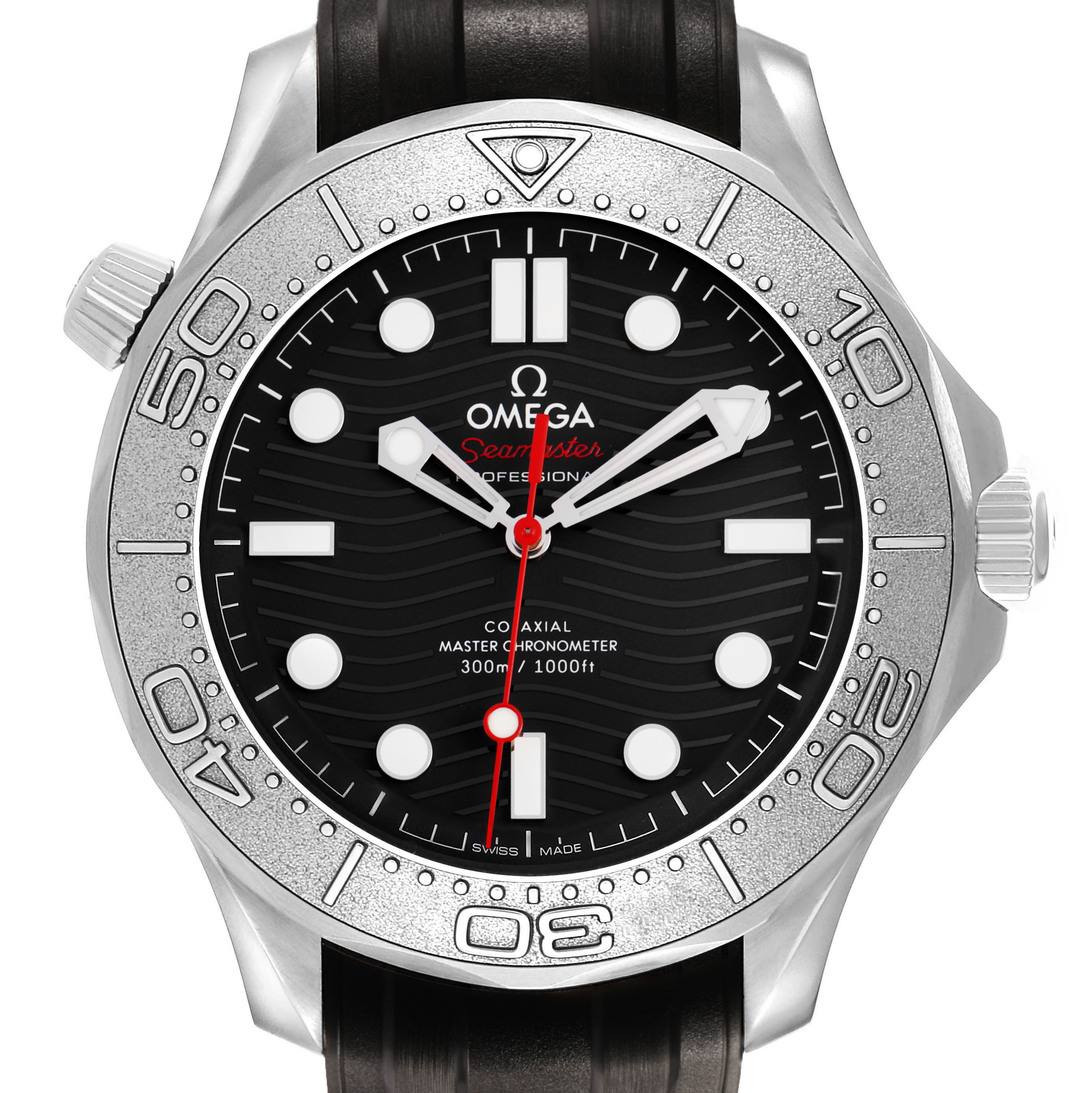 The Omega Seamaster 210.32.42.20.01.002 Men's Stainless Steel Black Dial watch is shown from the front, highlighting the dial, bezel, and crown.