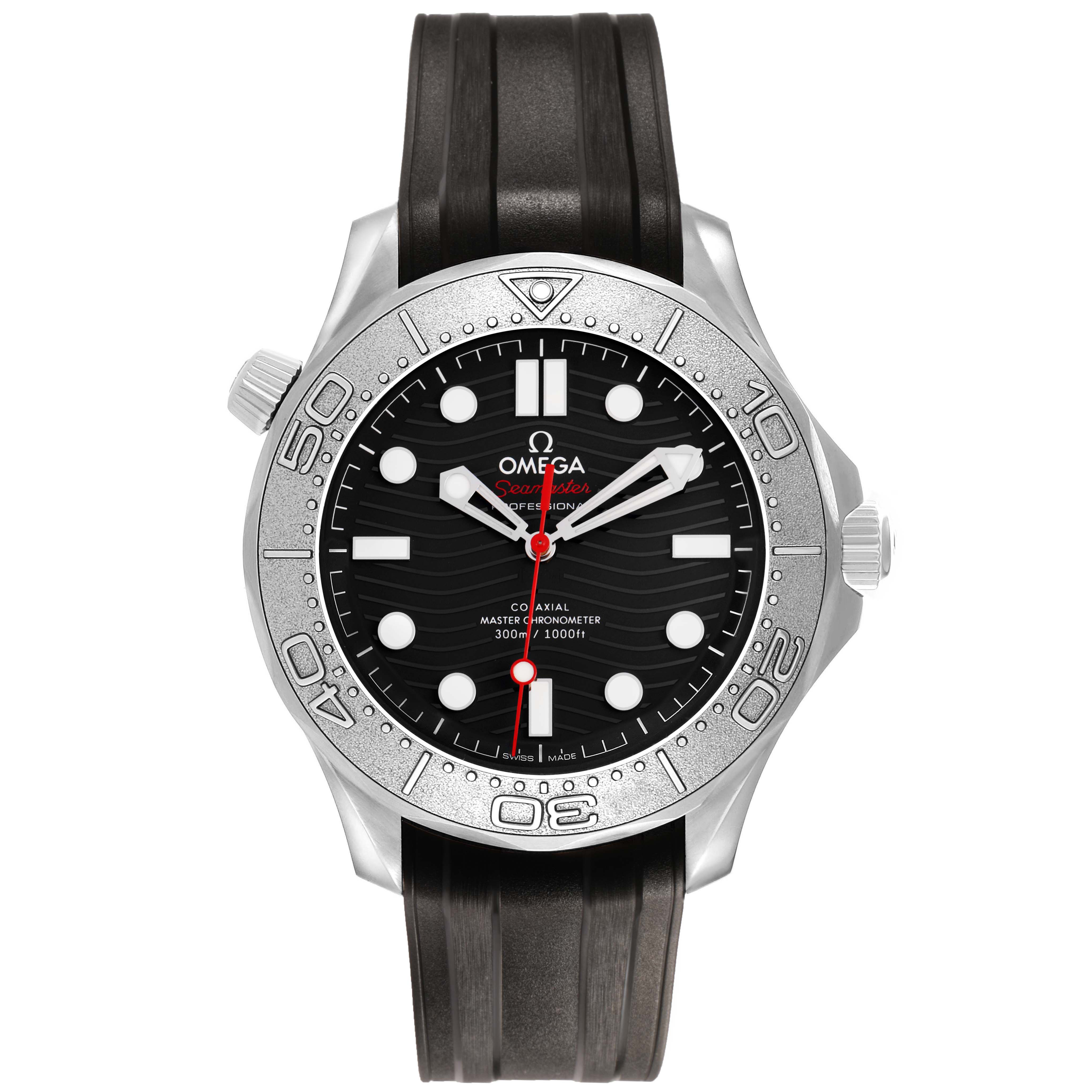 The Omega Seamaster 210.32.42.20.01.002 Men's Stainless Steel Black Dial watch is shown from the front, displaying the face, bezel, and strap.