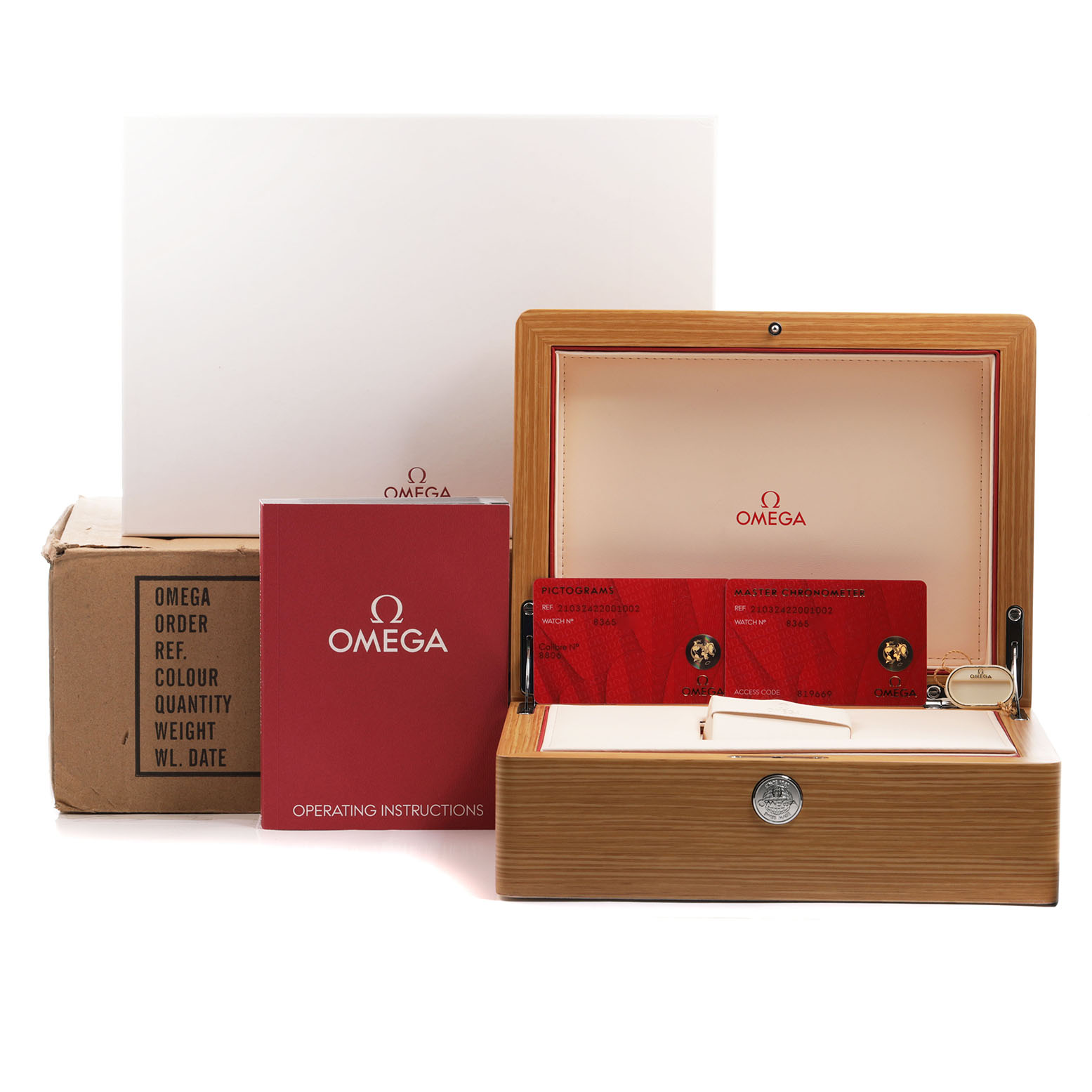 The image shows an Omega Seamaster 210.32.42.20.01.002 Men's Stainless Steel Black Dial watch box, operating instructions, cards, and packaging from a front angle.