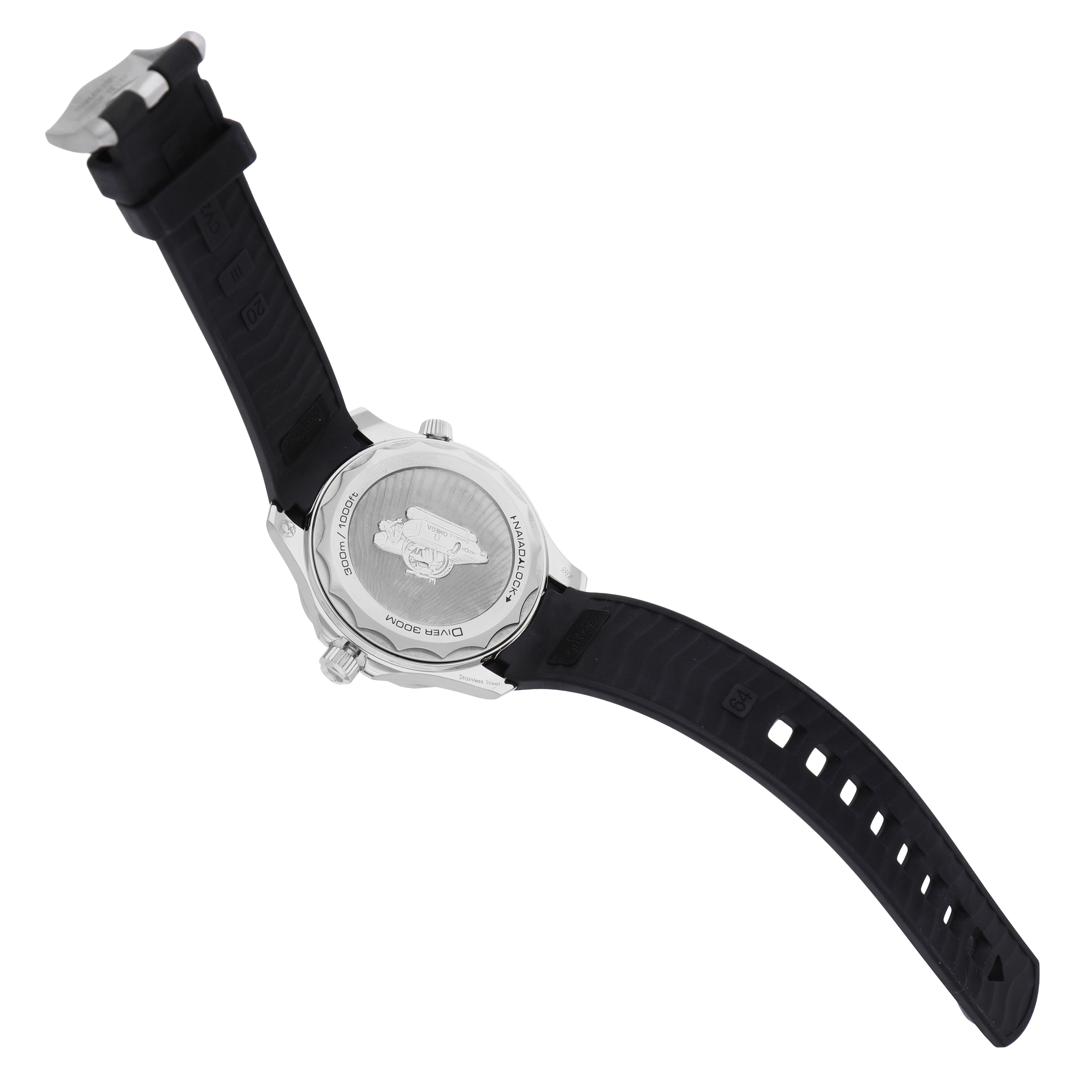 The image shows the backside of an Omega Seamaster 210.32.42.20.01.002 Men's Stainless Steel Black Dial watch, highlighting the case back and the black strap.