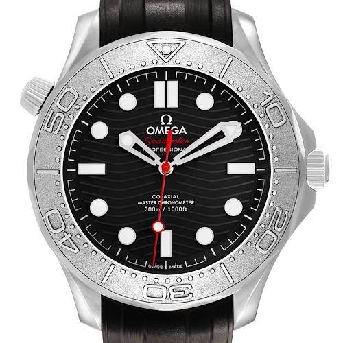 The Omega Seamaster 210.32.42.20.01.002 Men's Stainless Steel Black Dial watch is shown from the front, displaying the dial, bezel, and part of the strap.