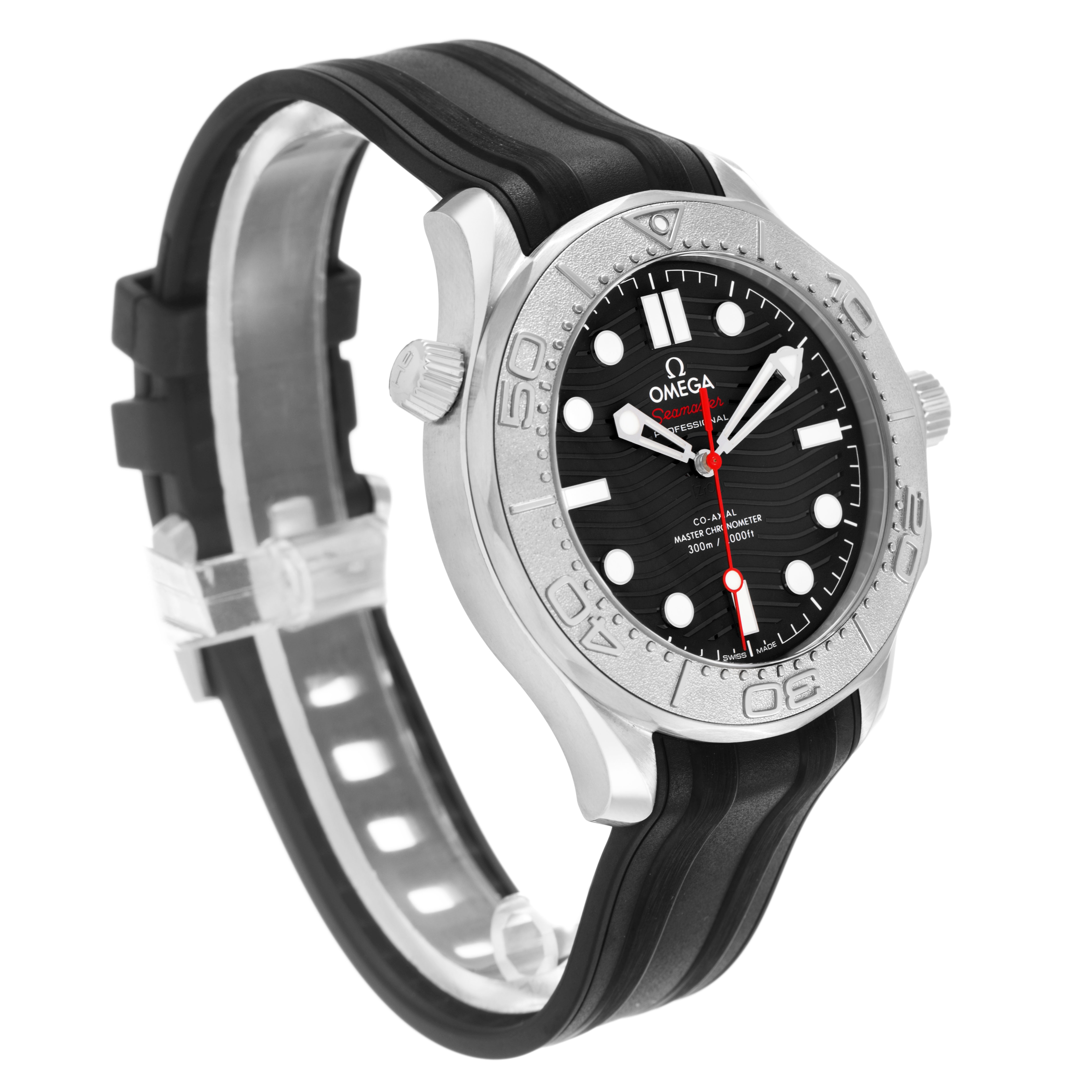 The Omega Seamaster 210.32.42.20.01.002 Men's Stainless Steel Black Dial watch is shown at a three-quarter angle, highlighting the face, bezel, and rubber strap.
