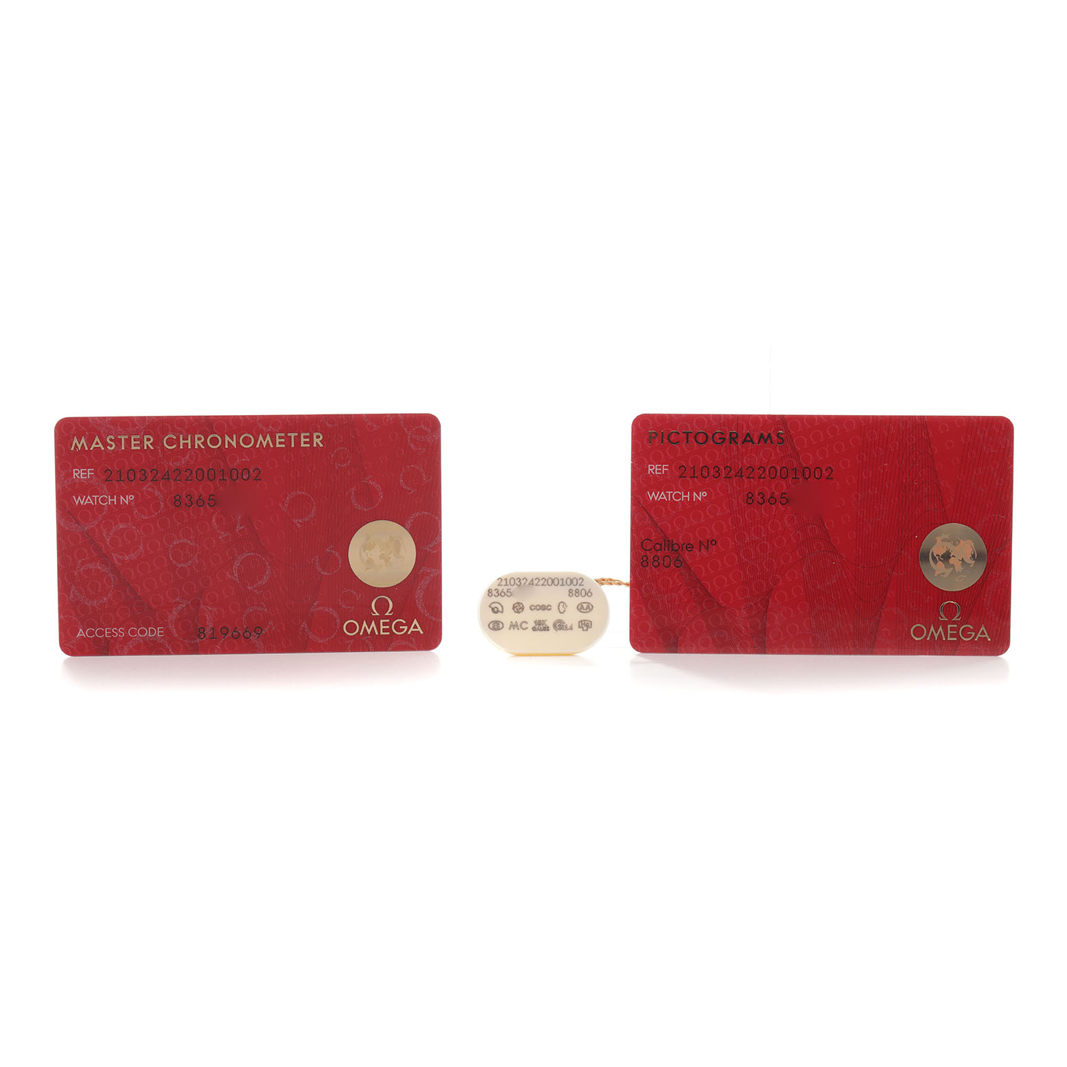 The image shows warranty and pictogram cards for the Omega Seamaster 210.32.42.20.01.002 Men's Stainless Steel Black Dial model with a small tag, all face-up.