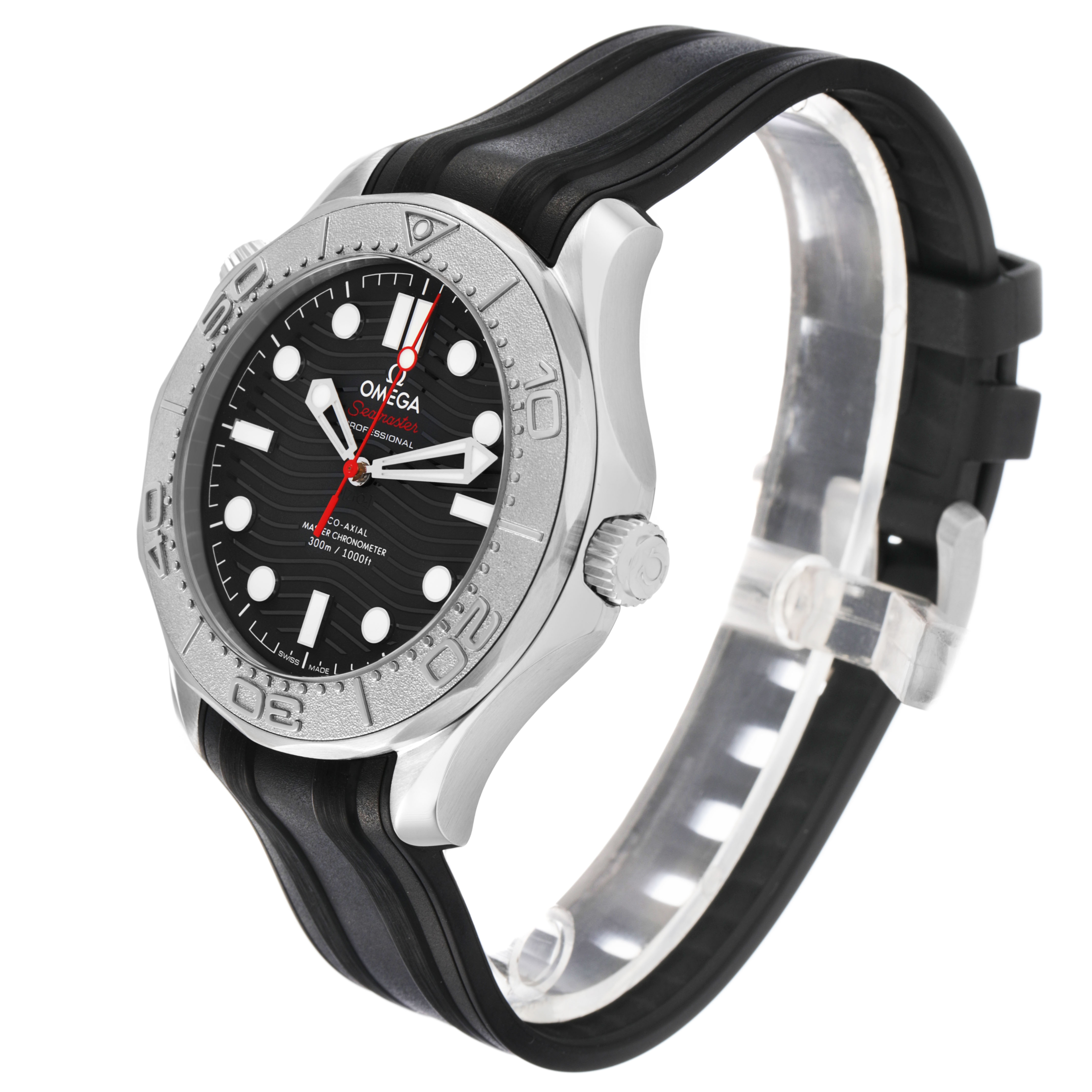 The Omega Seamaster 210.32.42.20.01.002 Men's Stainless Steel Black Dial watch is shown at a side angle, displaying its face, bezel, and rubber strap.