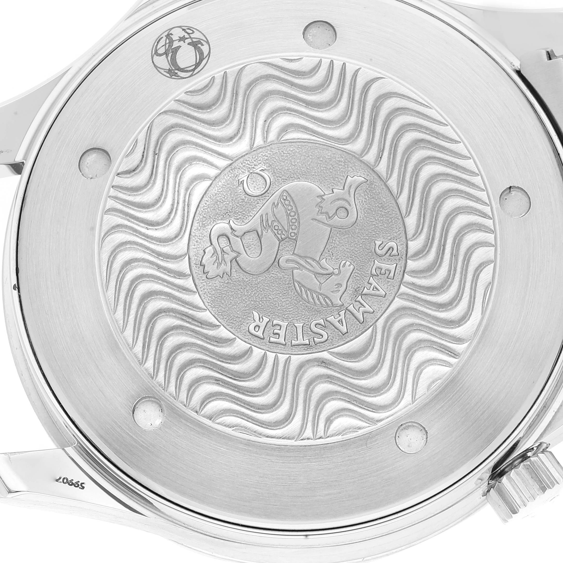 The image shows the case back of an Omega Seamaster 2265.80.00 Men's Stainless Steel Blue Dial 2265.80.00 Men's Stainless Steel Blue Dial watch, highlighting its intricate design and branding.