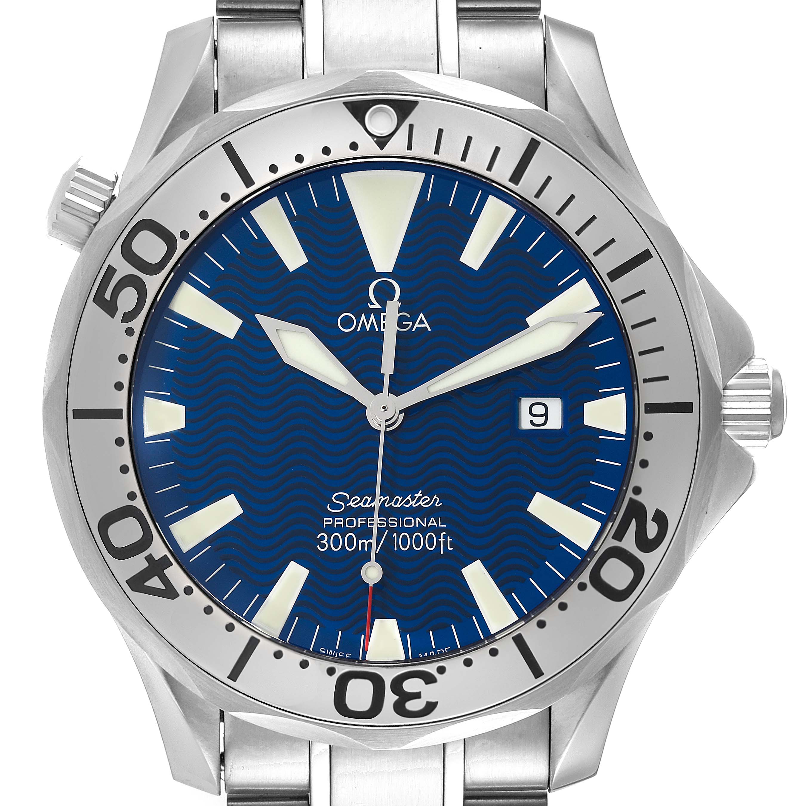 The Omega Seamaster 2265.80.00 Men's Stainless Steel Blue Dial 2265.80.00 Men's Stainless Steel Blue Dial watch is shown from a front angle, focusing on the blue dial, hands, and stainless steel bezel and case.