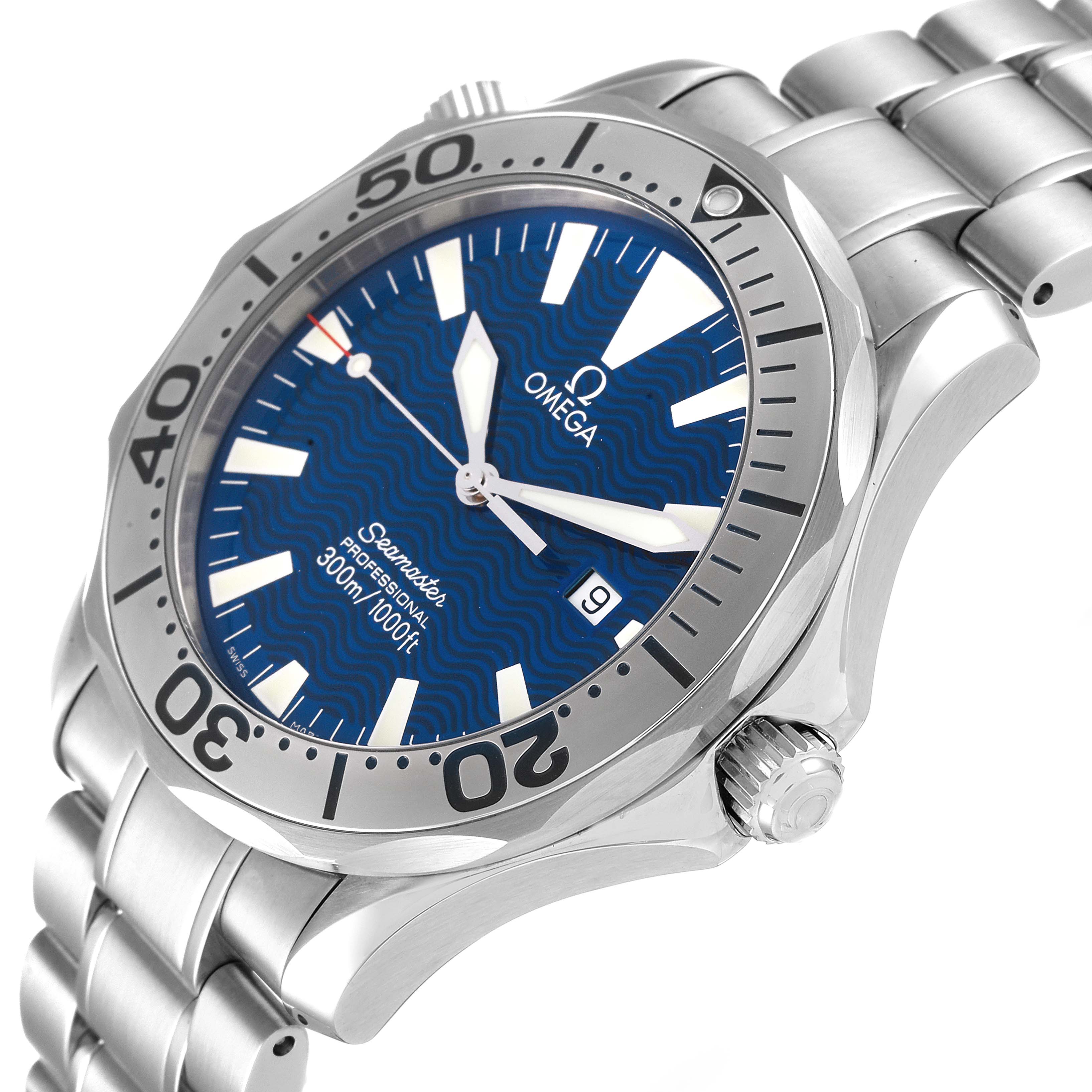 The image shows an angled view of the Omega Seamaster 2265.80.00 Men's Stainless Steel Blue Dial 2265.80.00 Men's Stainless Steel Blue Dial watch, highlighting the face, bezel, bracelet, and crown.