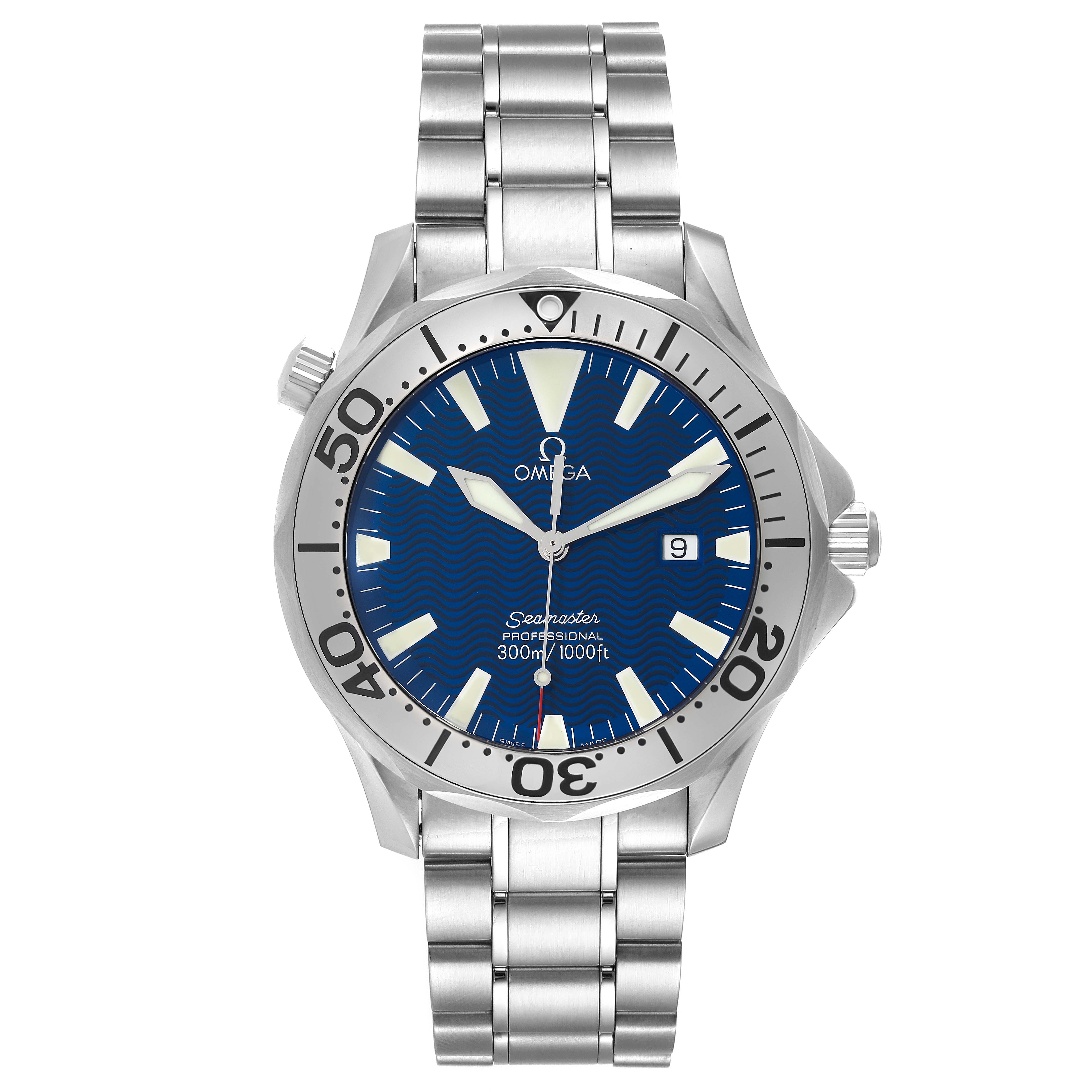 The image shows a front view of an Omega Seamaster 2265.80.00 Men's Stainless Steel Blue Dial 2265.80.00 Men's Stainless Steel Blue Dial watch, highlighting its blue dial, stainless steel case, and bracelet.