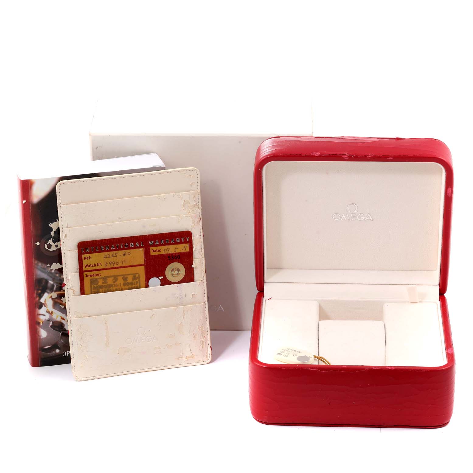 The image shows the packaging, warranty card holder, and empty box for an Omega Seamaster 2265.80.00 Men's Stainless Steel Blue Dial 2265.80.00 Men's Stainless Steel Blue Dial watch.