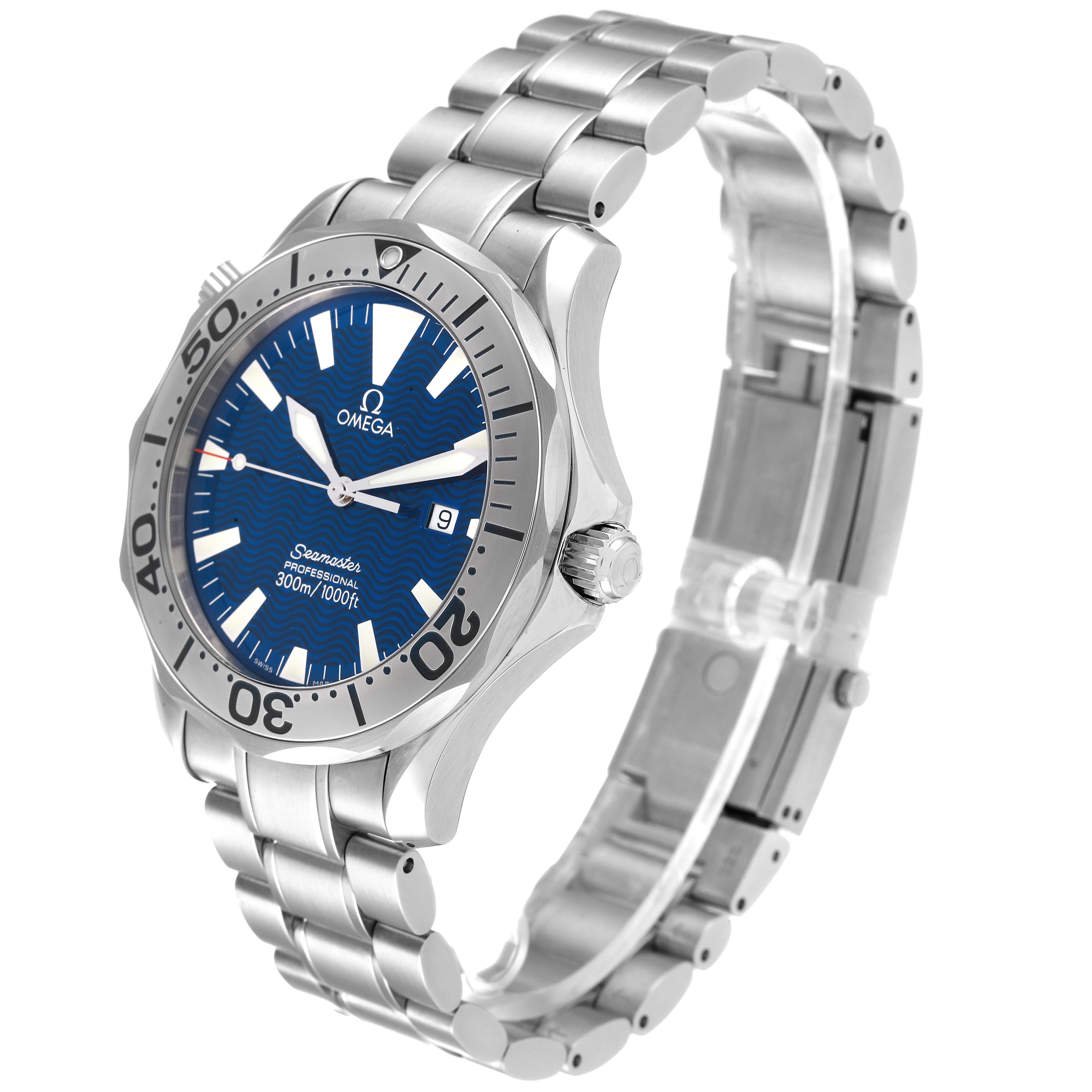 The image shows an angled view of the Omega Seamaster 2265.80.00 Men's Stainless Steel Blue Dial 2265.80.00 Men's Stainless Steel Blue Dial watch, highlighting the face, bezel, crown, and metal bracelet.