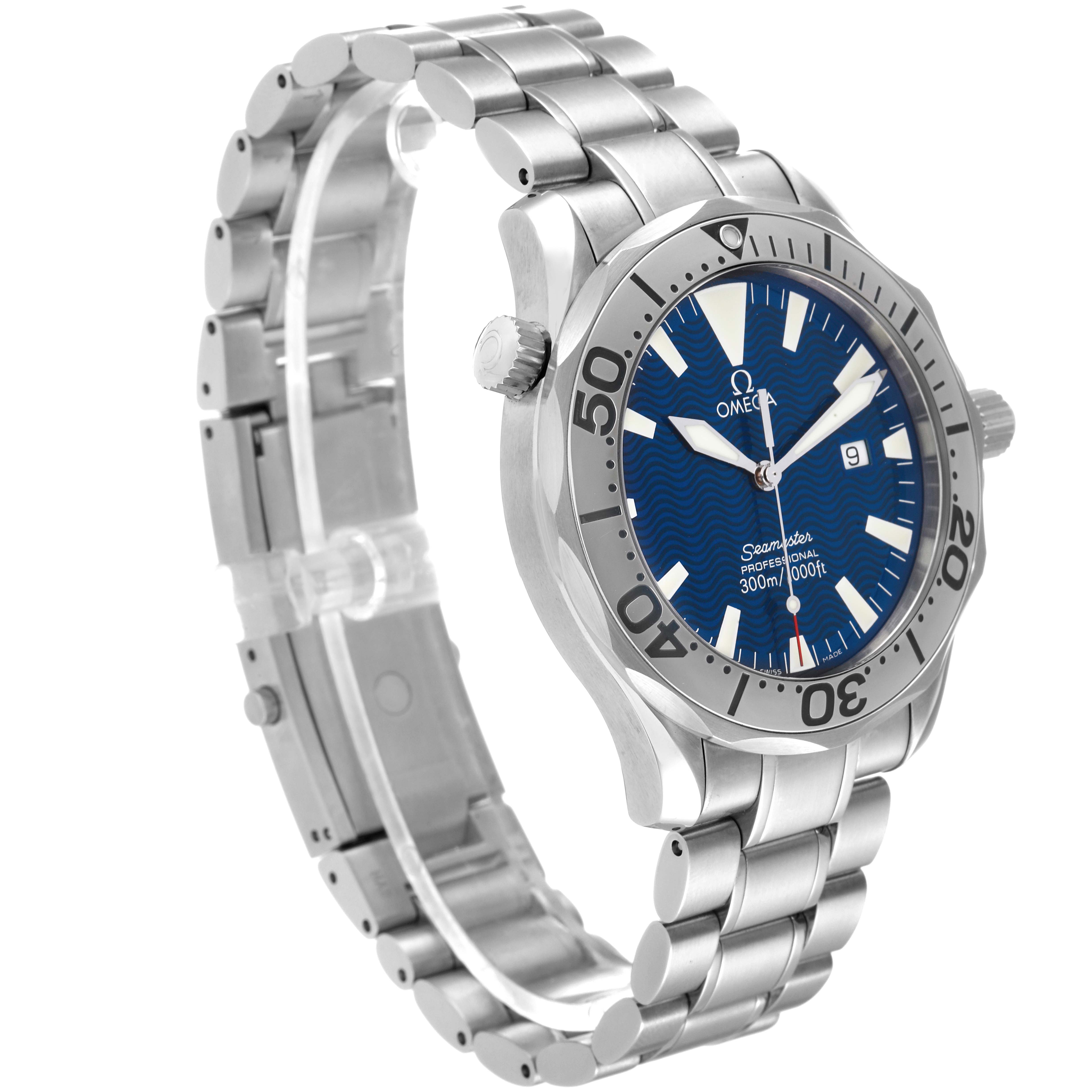 This image shows an angled view of the Omega Seamaster 2265.80.00 Men's Stainless Steel Blue Dial 2265.80.00 Men's Stainless Steel Blue Dial watch, highlighting its face, bezel, crown, bracelet, and clasp.