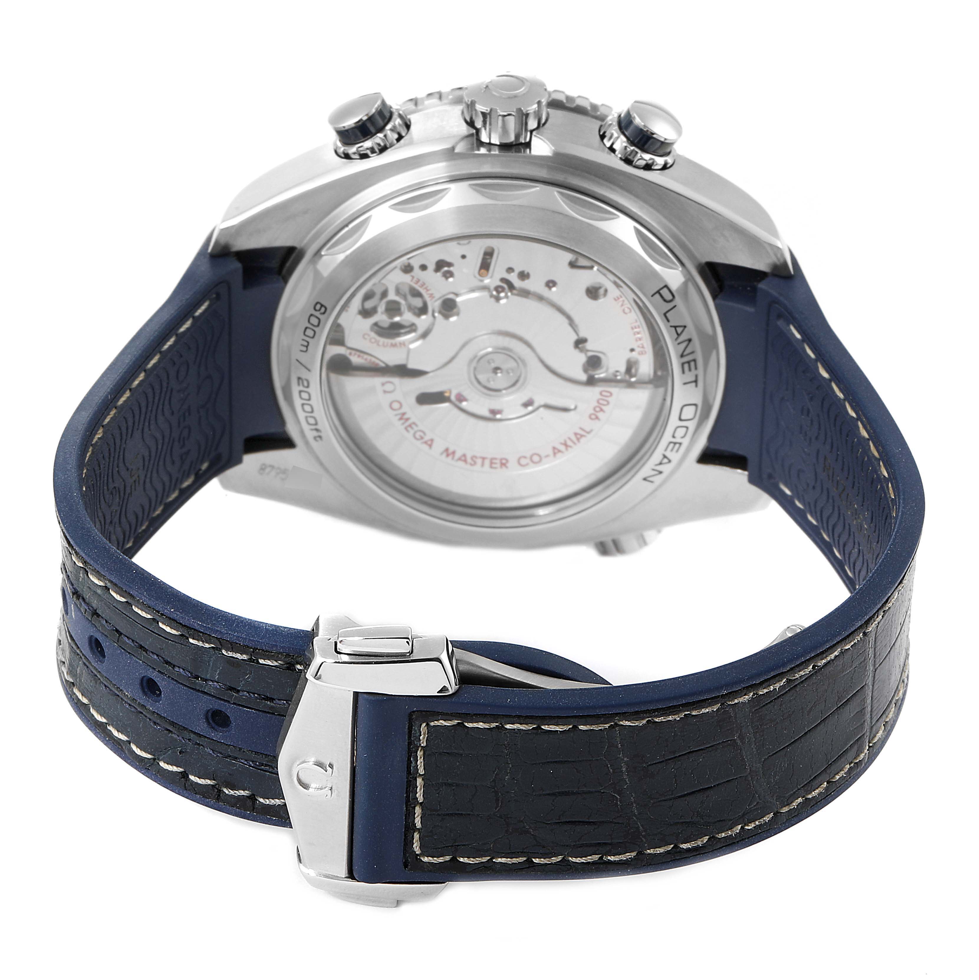 The image shows the back view of an Omega Planet Ocean 215.33.46.51.03.001 Men's Stainless Steel Blue Dial 215.33.46.51.03.001 Men's Stainless Steel Blue Dial watch, highlighting its transparent case back and strap clasp.