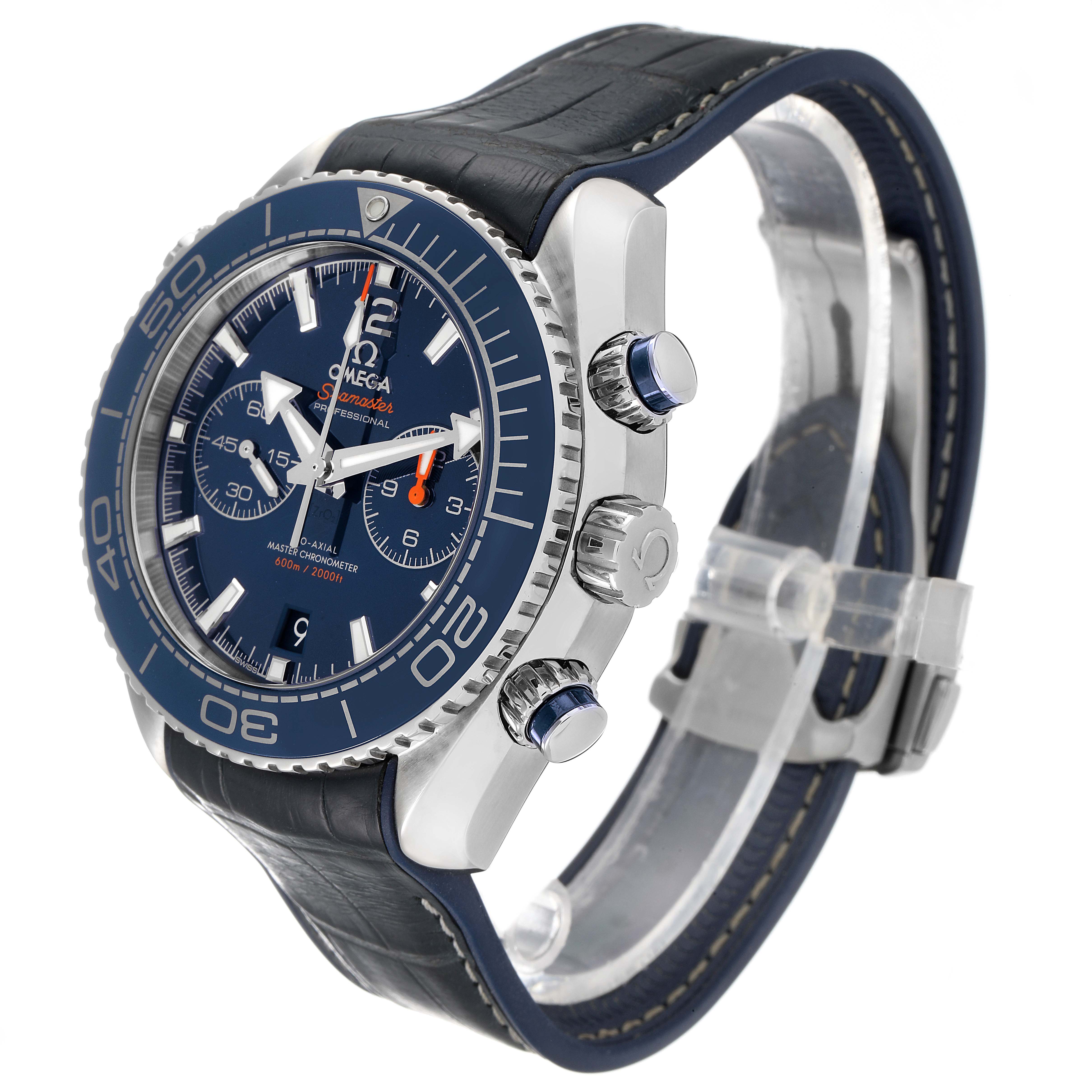 The image shows a side view and partial front angle of the Omega Planet Ocean 215.33.46.51.03.001 Men's Stainless Steel Blue Dial 215.33.46.51.03.001 Men's Stainless Steel Blue Dial watch, highlighting its bezel, crown, and leather strap.