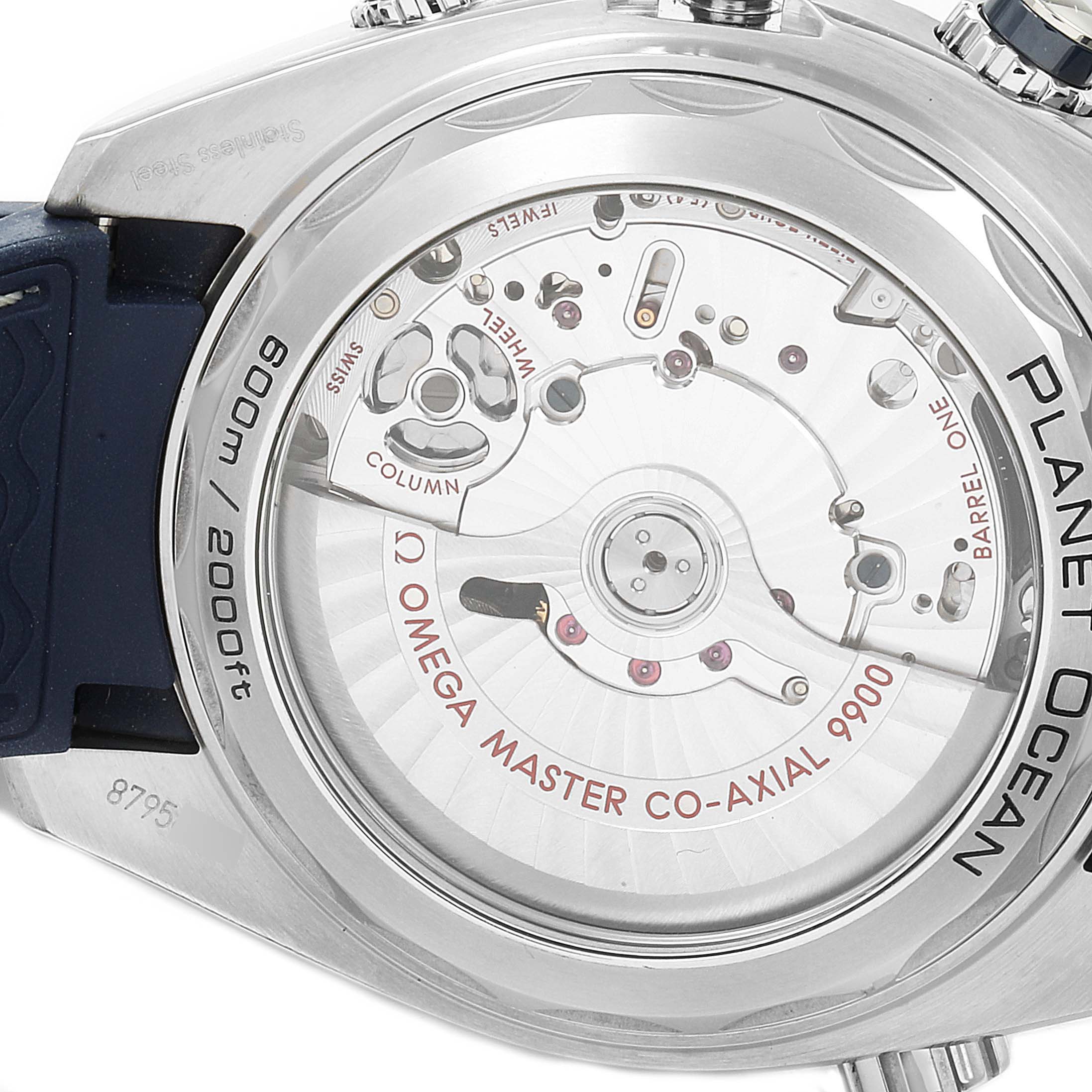 The image shows the back casing and movement mechanism of the Omega Planet Ocean 215.33.46.51.03.001 Men's Stainless Steel Blue Dial 215.33.46.51.03.001 Men's Stainless Steel Blue Dial watch model.