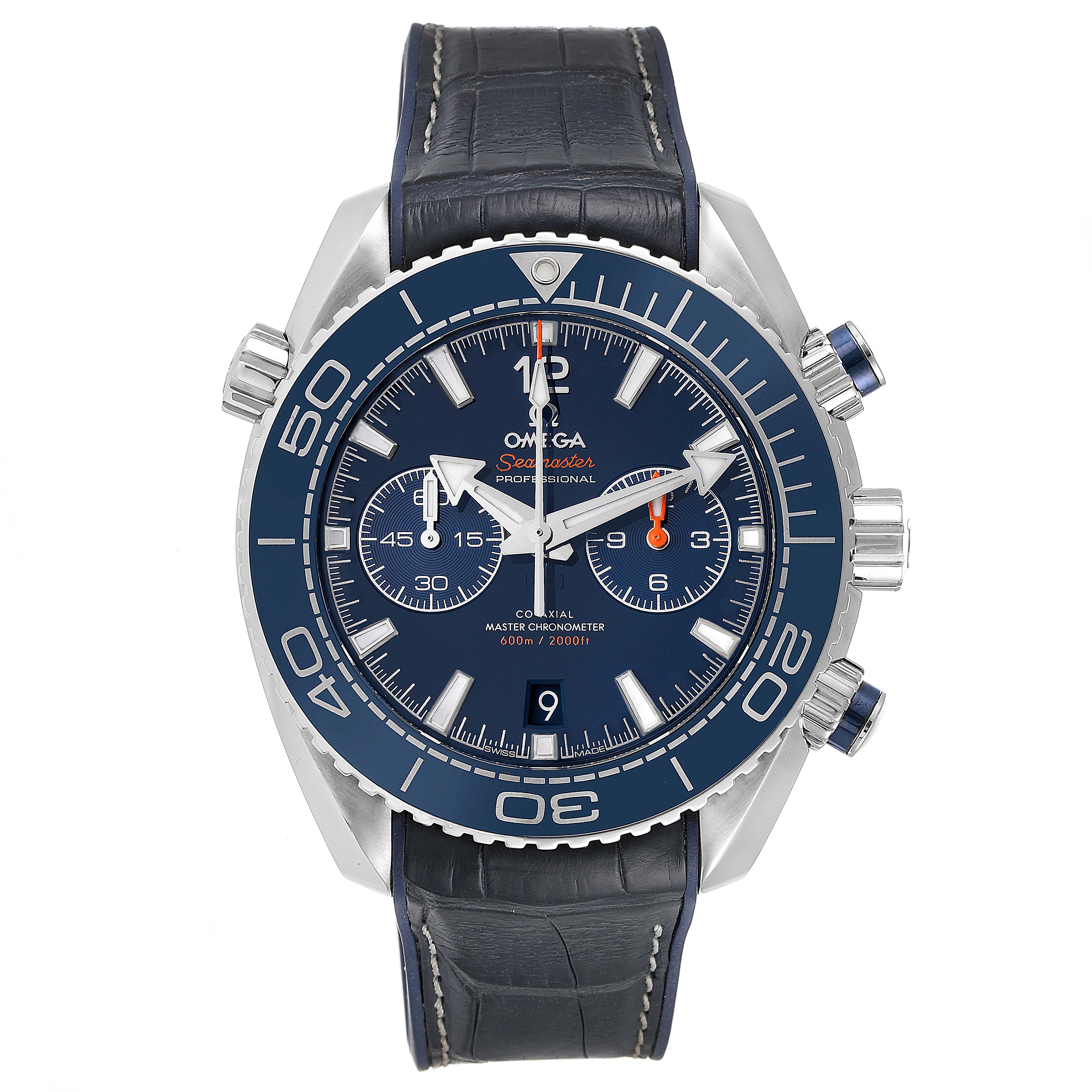 The Omega Planet Ocean 215.33.46.51.03.001 Men's Stainless Steel Blue Dial 215.33.46.51.03.001 Men's Stainless Steel Blue Dial watch is shown from the front, displaying its bezel, chronograph subdials, and strap.