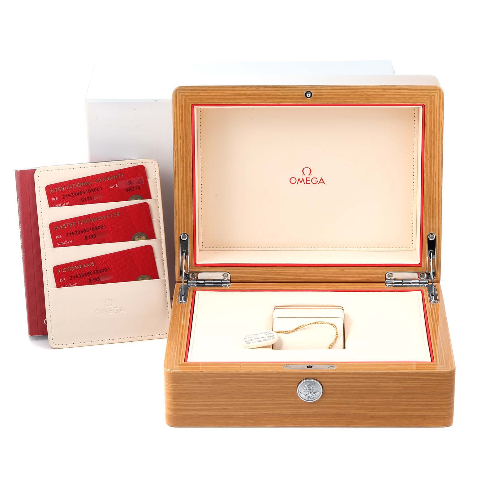 The image shows the open packaging box and warranty cards for the Omega Planet Ocean 215.33.46.51.03.001 Men's Stainless Steel Blue Dial 215.33.46.51.03.001 Men's Stainless Steel Blue Dial watch.