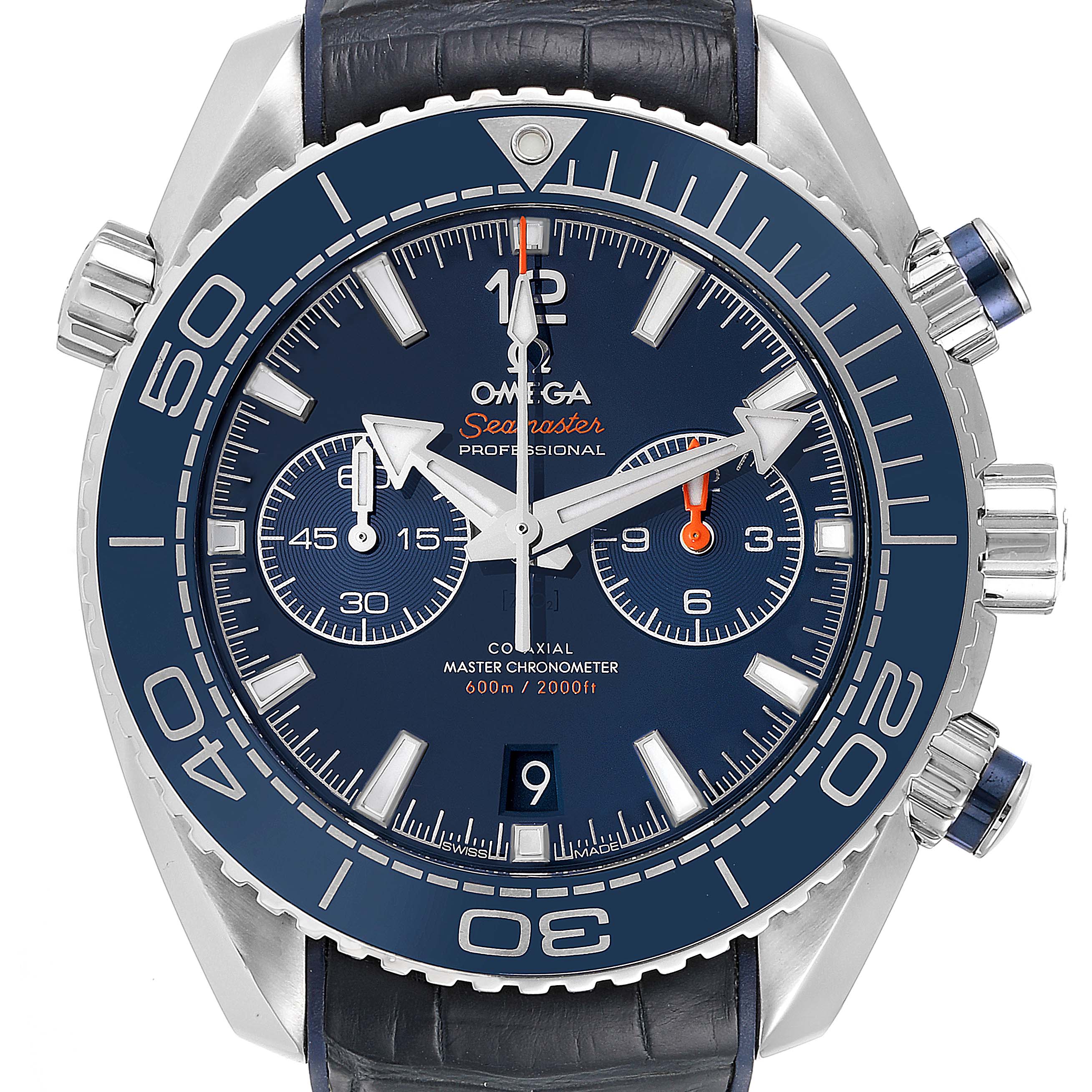 The image shows a front view of the Omega Planet Ocean 215.33.46.51.03.001 Men's Stainless Steel Blue Dial 215.33.46.51.03.001 Men's Stainless Steel Blue Dial watch, highlighting the dial, bezel, and crown.